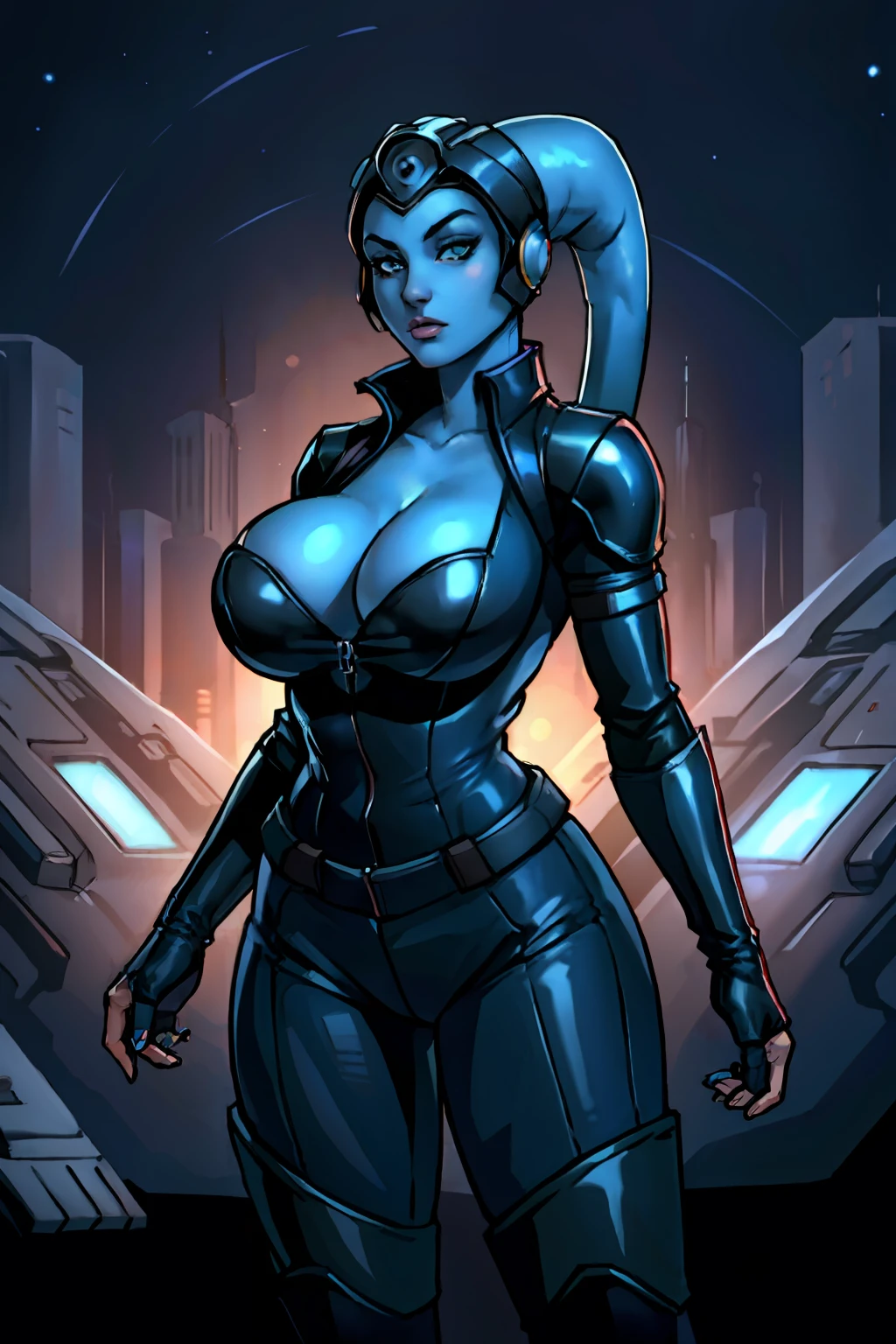 (masterpiece:1.2, best quality:1.2, beautiful, high quality, highres:1.1, aesthetic), detailed, extremely detailed, ambient soft lighting, 4K, perfect eyes, perfect face, perfect lighting, 1girl, (((blue skin)), twi'lek), (wearing black leather jumpsuit, flight suit, unzipped, utility belt, fingerless gloves, rolled sleeves, long boots, ((busty), slender body, thin, slim sexy body, slim waist, (((huge breasts), big cleavage))), Imperial starship, Star Wars,