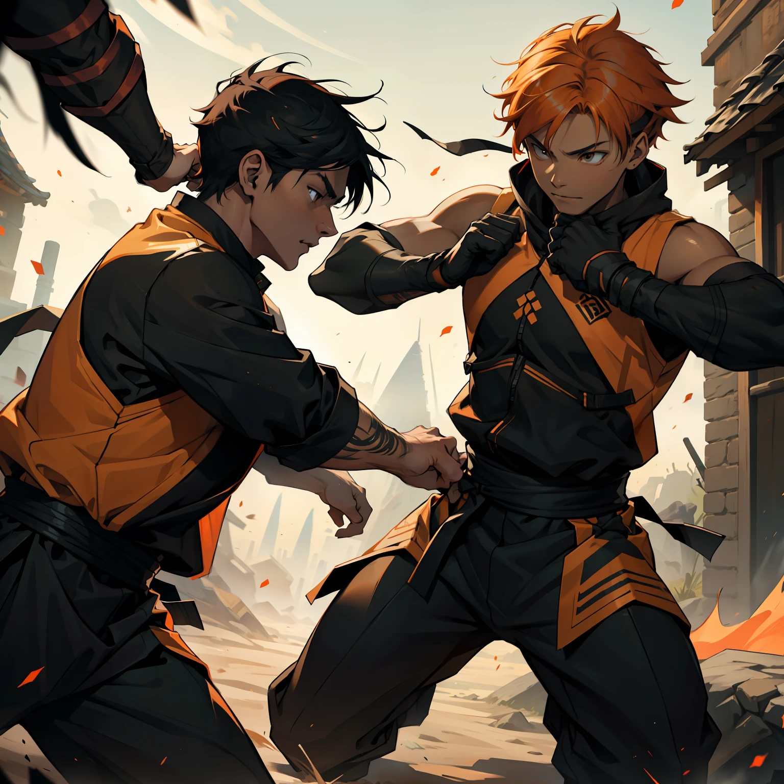 Orange and black lor energy comes out of his surroundings Battle scene between two 15-year-old ninjas with orange hair and the other black hair