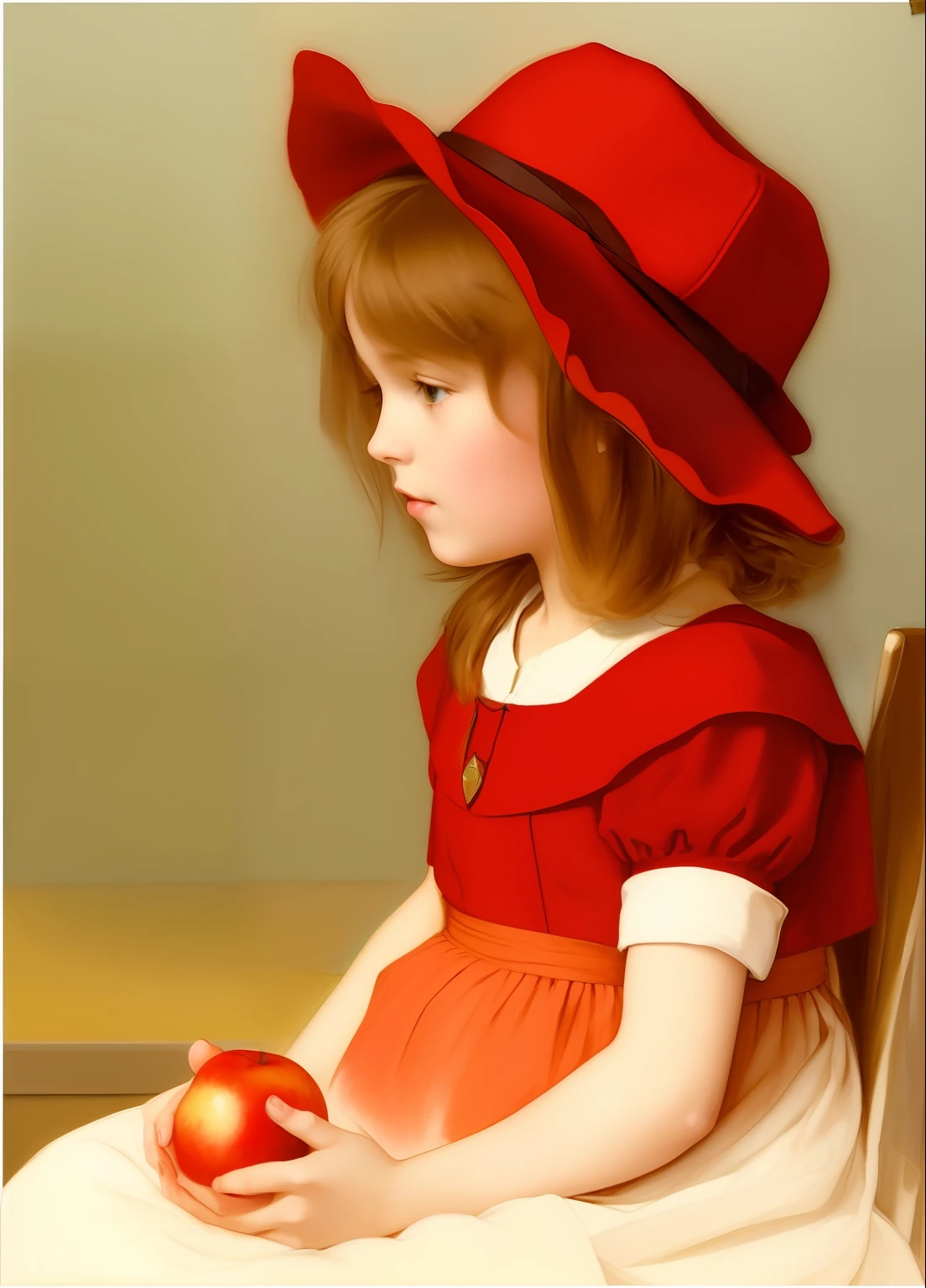 painting of a girl in a red dress and a red hat holding an apple, inspirado em Jessie Willcox Smith, Directed by: Jessie Willcox Smith, Directed by: Albert Anker, inspirado em Albert Anker, Directed by: Arnold Franz Brasz, Rapariga, inspirado em Adolf Bierbrauer, Directed by: George Benjamin Luks, Berthold Woltze, Directed by: Franz Sedlacek