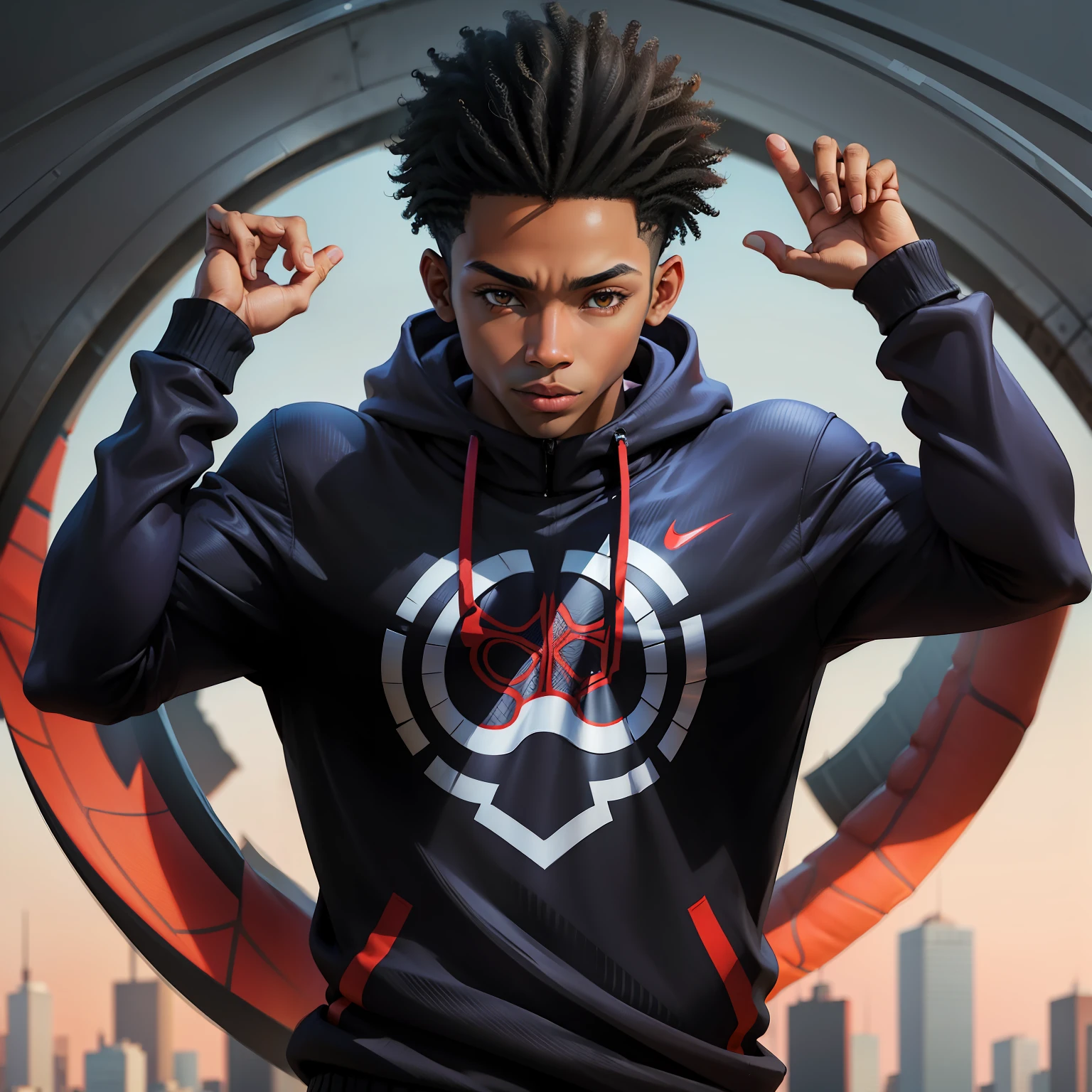 Miles Morales, cabelo crespo,roupa da Nike,olhando para espectador, olha maldoso, olhos castanhos