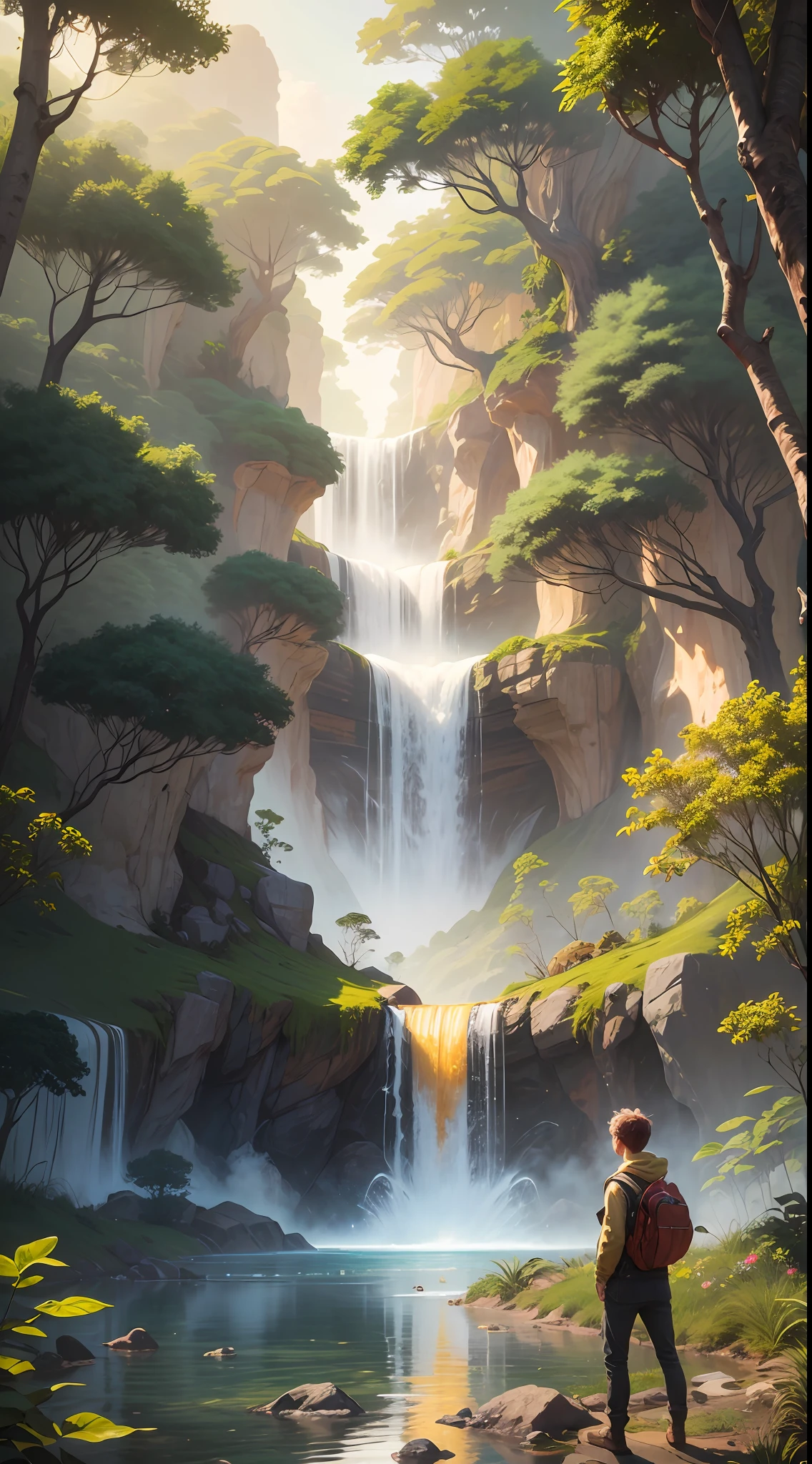 One beautiful boy found a big natural golden fountain in the golden jungle at the city of gold realstic , clearity 4k, nostalgic, masterpiece, beautiful scenery --auto --s2