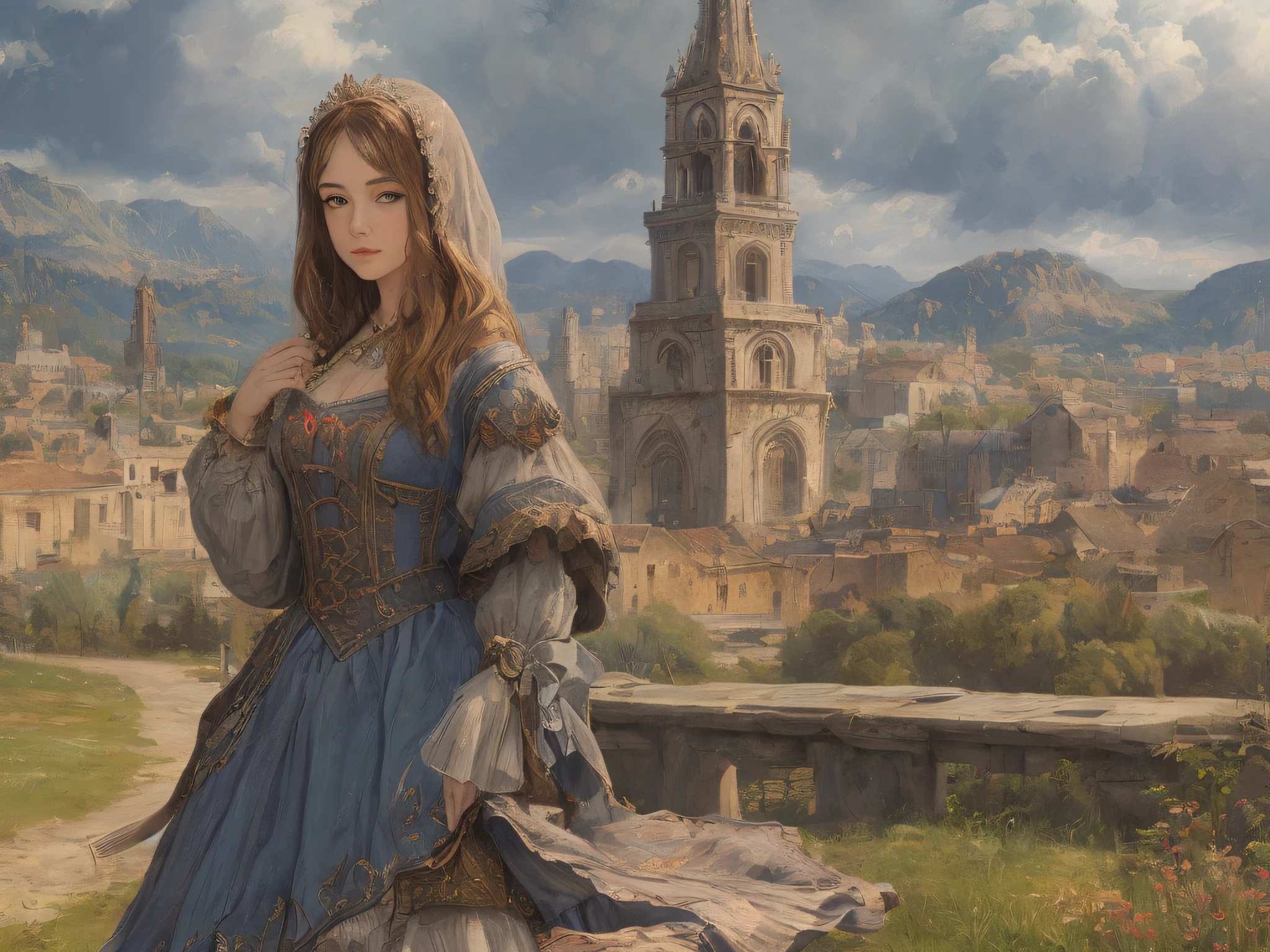 [beste-Qualit, tmasterpiece, extra high resolution, photo-realistic, in the style of pin-up, 1girl, off-shoulder, ssmile:20]Background, intricate Renaissance landscape, higly detailed, impressionism:0.2