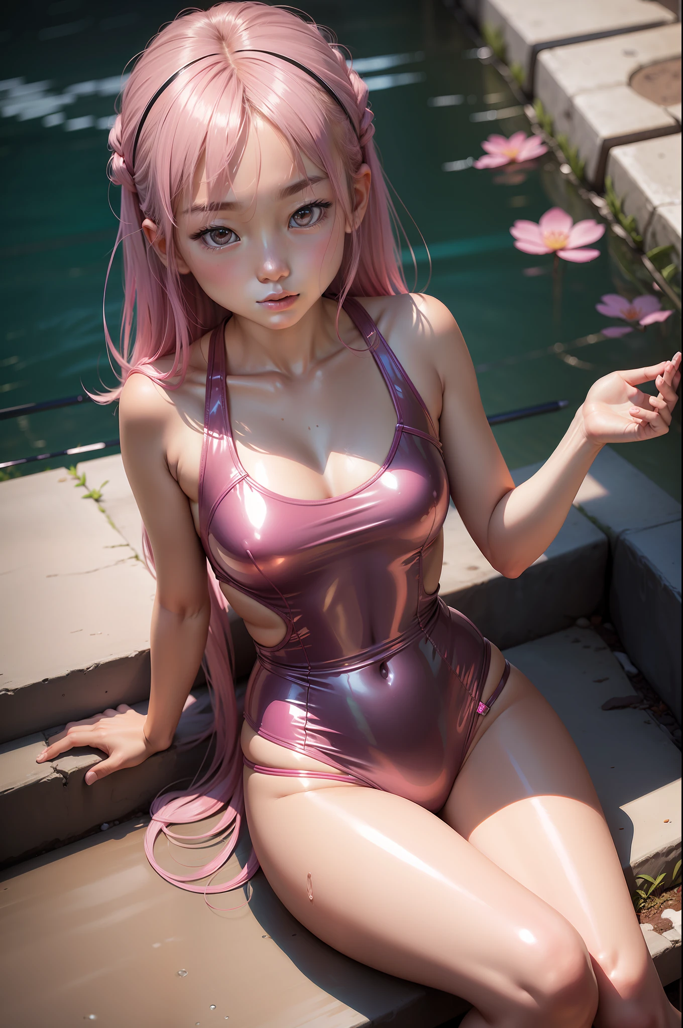 fotorealistisch, asian young girl, shiny, pink shiny swimsuit,
