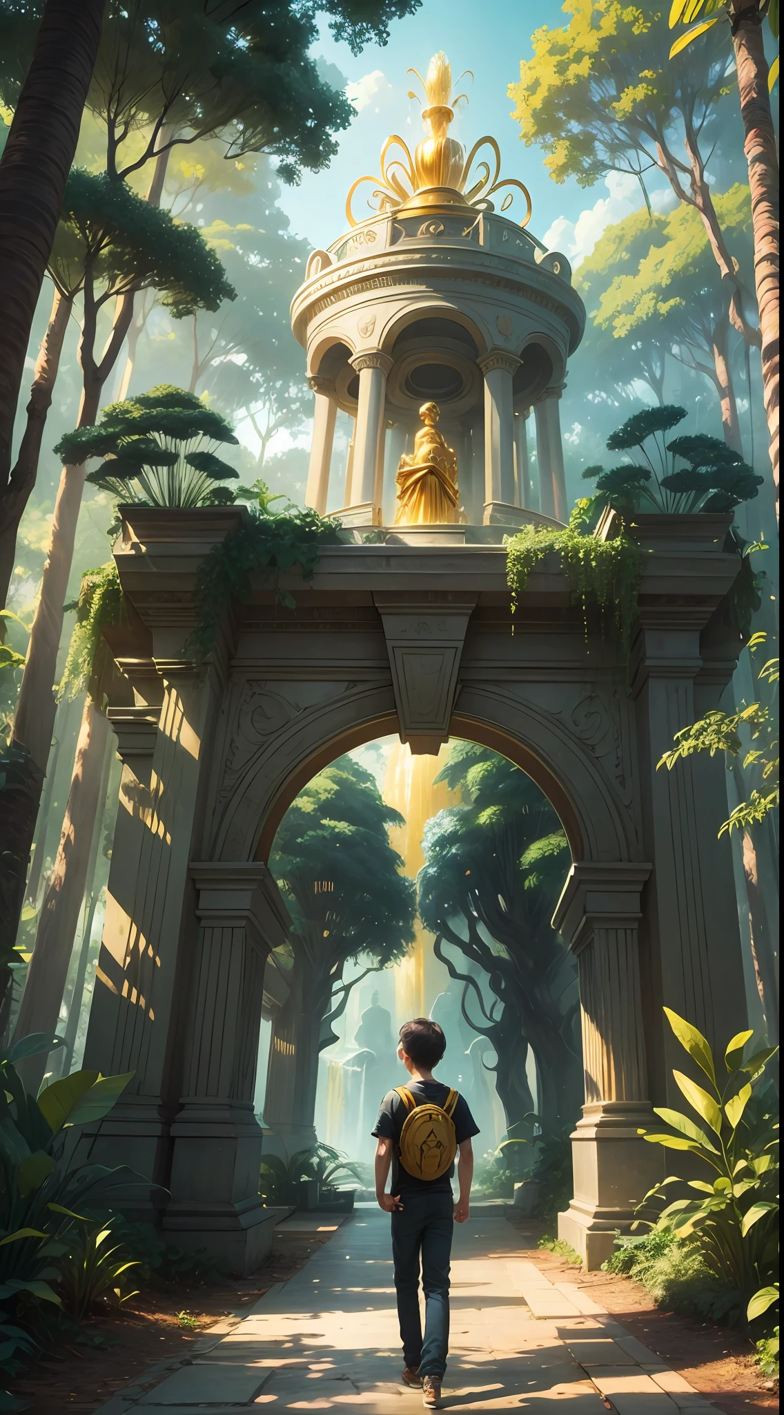 One beautiful boy found a big natural golden fountain in the golden jungle at the city of gold realstic , clearity 4k, nostalgic, masterpiece, beautiful scenery --auto --s2