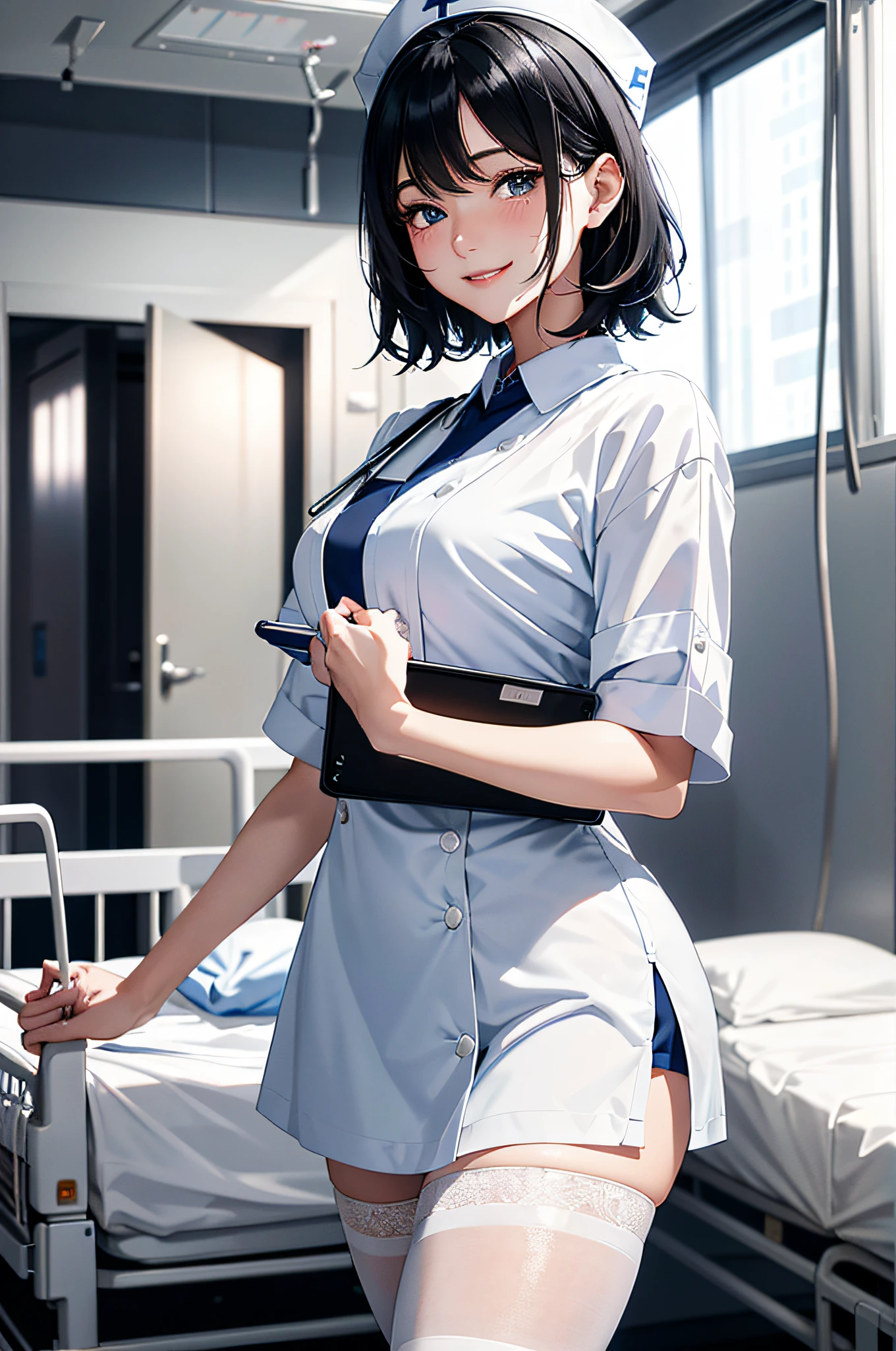 (top-quality、in 8K、32K、masterpiece、nffsw、ighly detailed、Impresionismo、Photorealsitic:1.2)、cowboy shot (hospitals、Hospital Room:1.4)、deep-shadows、beauitful face、blurry backround、20-year-old beauty、shinny skin, Beautiful wavy black hair、short-hair、Blue eyes、beauitful face、blurry backround、White nurse uniform、Nurse Cap、Wearing mesh pantyhose、A smile、Holding the tray、Gentle smile、Curve、Dynamic Poses、