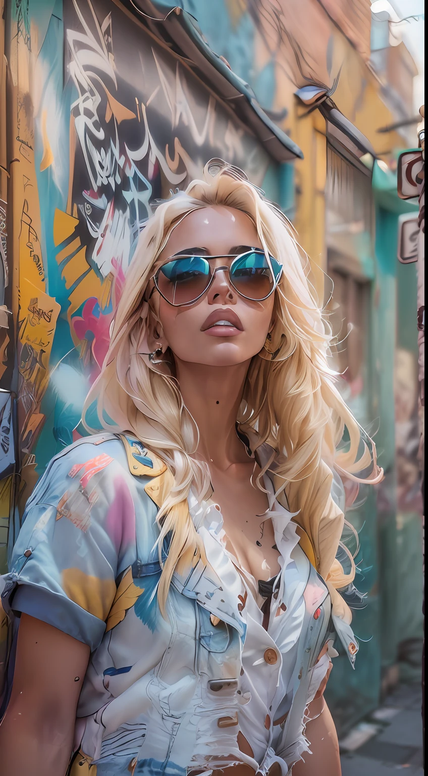 (masterpiece, street snap style:1.3), featuring a fashionable blonde woman in a dynamic urban setting, (casually chic attire:1.2), (loose-fitting denim jacket:1.1), (stylish crop top:1.2), (trendy ripped jeans:1.1), (comfy sneakers:1.2), (minimalistic accessories:1.1), (oversized sunglasses:1.2), (effortlessly confident expression:1.1), (blonde hair catching the breeze:1.2), (urban backdrop with vibrant graffiti:1.1), (colorful murals adding flair:1.2), (gritty cityscape:1.1), (busy streets:1.2), (street vendors and shops in the background:1.1), (capturing the essence of street fashion:1.2), (spontaneous and authentic vibe:1.1), (playful interactions with the environment:1.2), (blending style with the urban landscape:1.1), (captivating glimpse into contemporary street culture:1.2), (showcasing the beauty of street snap photography:1.1), (celebrating the woman's individuality and confidence:1.2), (a snapshot of urban chic in its purest form:1.1).