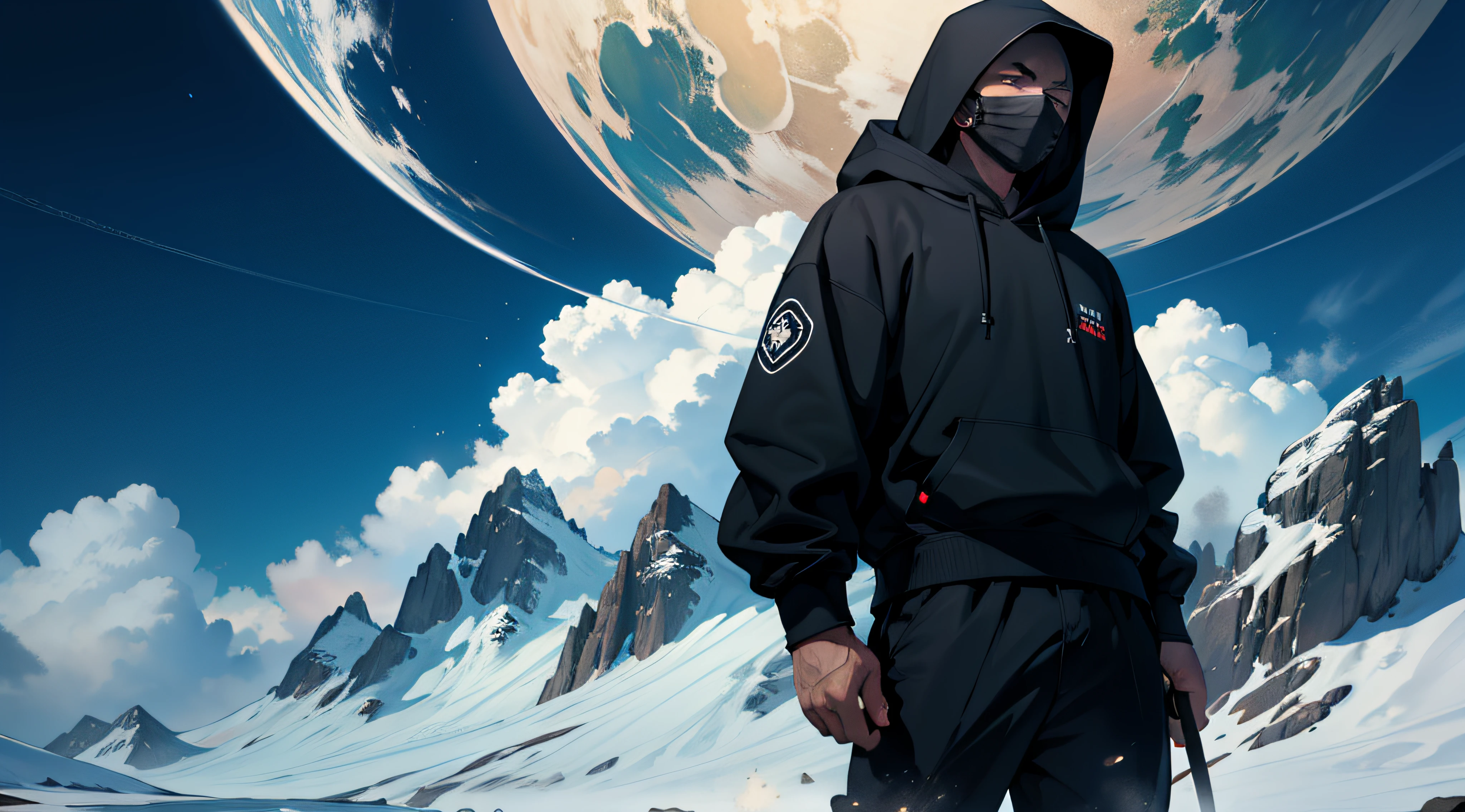single white man with black mask on face, standing on big mountain on center of image, background it's a cosmos with one big planet, man wearing a black clothes also with hoodie, wearing a big samurai sword at the pants