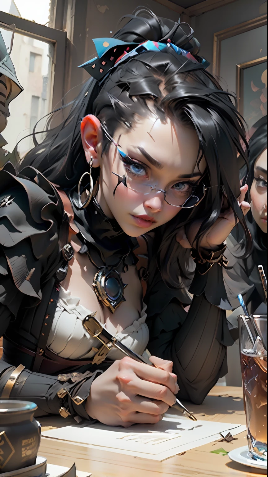 Best quality)), ((masterpiece)), (detailed:1.4), 3D, two women standing near two other cosplayed cosplayers, in the style of gothic pop surrealism, extravagant table settings, clownpunk, dark brown and white, asymmetrical patterns, dolly kei, close up , mars ravelo, eccentric props ,HDR (High Dynamic Range),Ray Tracing,NVIDIA RTX,Super-Resolution,Unreal 5,Subsurface scattering,PBR Texturing,Post-processing,Anisotropic Filtering,Depth-of-field,Maximum clarity and sharpness,Multi-layered textures,Albedo and Specular maps,Surface shading,Accurate simulation of light-material interaction,Perfect proportions,Octane Render,Two-tone lighting,Wide aperture,Low ISO,White balance,Rule of thirds,8K RAW,