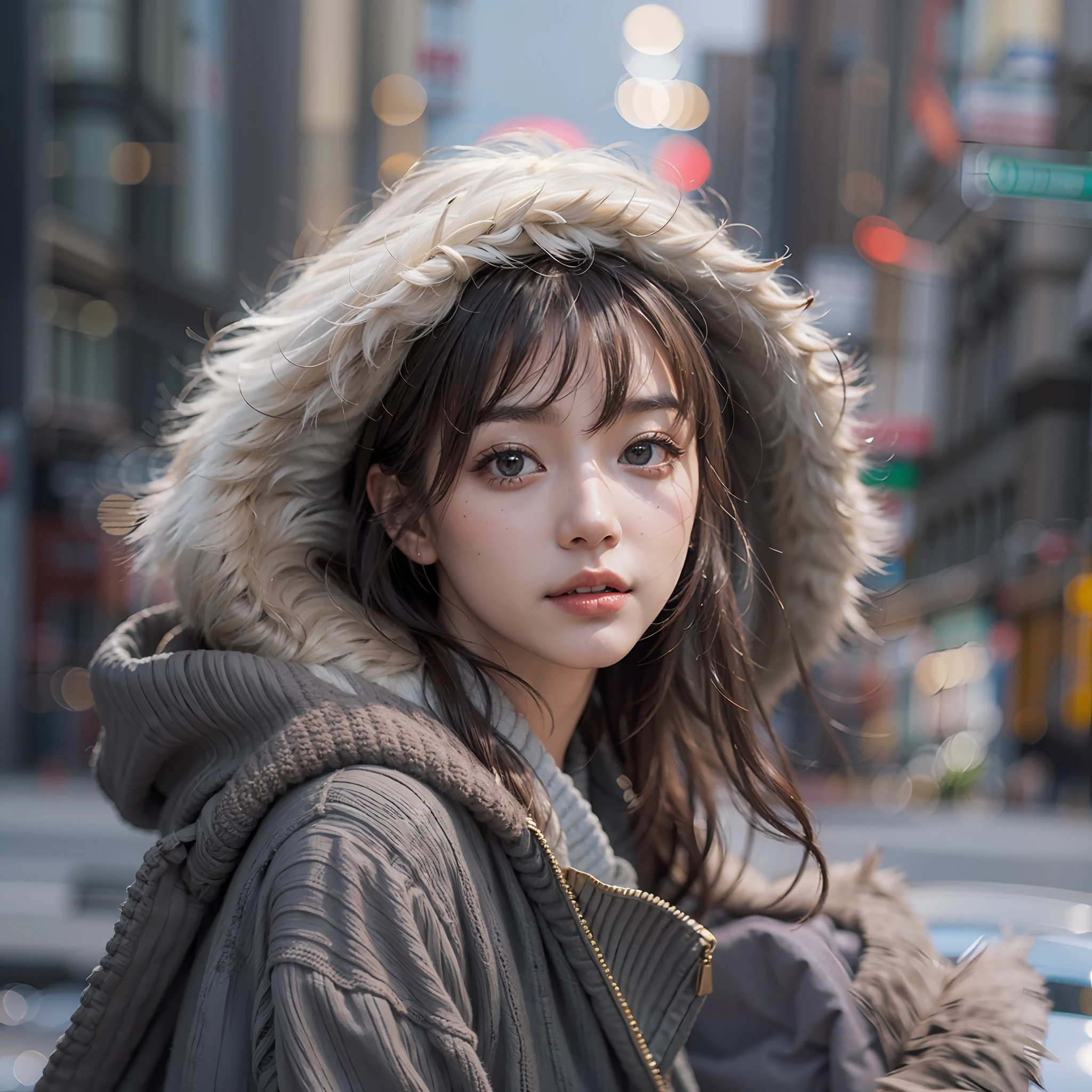 (​masterpiece:1.3), (8K, Photorealsitic, RAW Photography, Top image quality: 1.4), japanes, (1girl in), beauitful face, (lifelike face), Beautiful hairstyle, realisticeyes, Eyes in Beautiful Details, (real looking skin), Beautiful skins, Fascinating, 超A high resolution, A hyper-realistic, High Detail, the golden ratio,Squatting in the city、Winter clothes