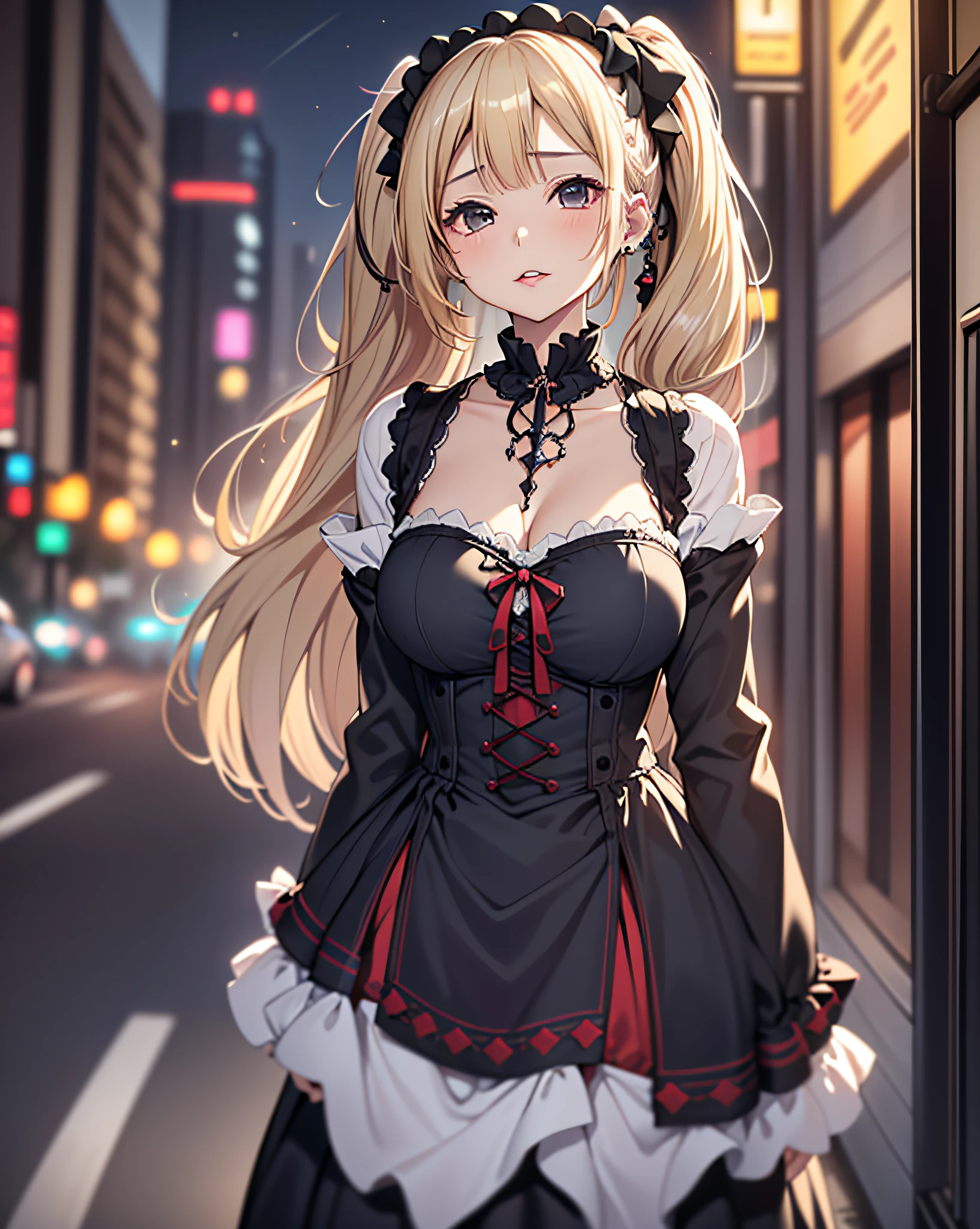 ((1mature lady:1.3, age of 45)), (standing on a dark street), (highway lights), (calm lighting), (night), sexy pose, (very delicate and beautiful work), (masterpiece), one girl, ((wearing in a gothic ****ta dress:1.37, gothic ****ta fashion:1.5)), very detailed and leaky waist, attractive look, beautifully clear eyes, ((blonde twin-tails hair:1.5)), delicate necklace, delicate earrings, simple blurred background, extreme detailed description, beautiful, attractive, Super fine painting, pretty face, big, big, big, big, fine body, fine collarbone, beautiful lips, smooth ass, mix4, (8k, RAW photo, top quality, masterpiece: 1.37), (realistic, realistic: 1.37), one girl, cute, cityscape, night, humidity, professional lighting, photon mapping, radiation, physics cs-based rendering