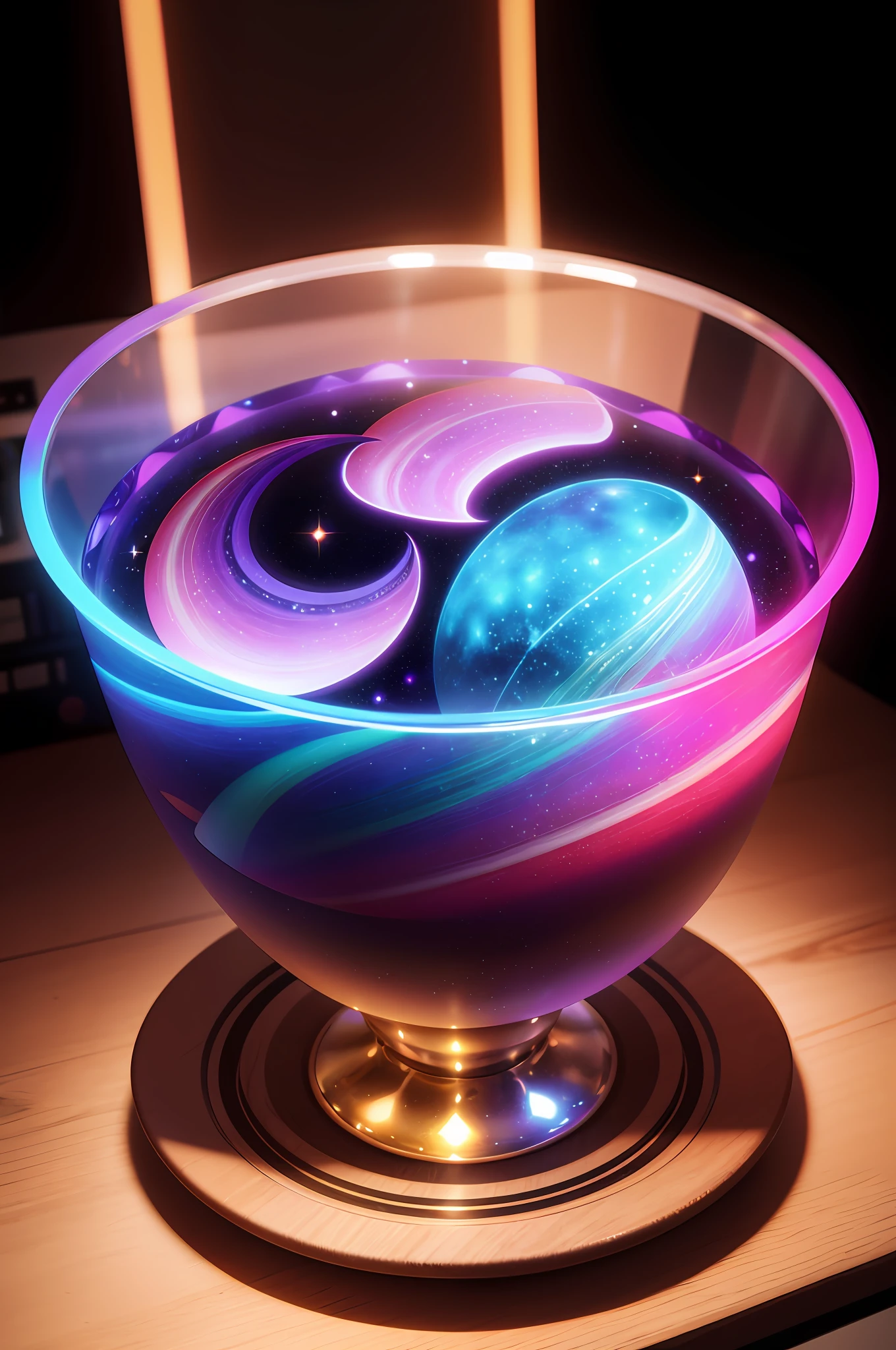 Colorful liquid in a bowl with planets in the background, purple liquid in bright cup, glowing liquid, colorful redshift render, colorful octane render, 3 d render bipe, 3 d fluid simulation render, Planeta Estrela Espacial Bonito Neon, 3d renderizado em octanagem, 3 d renderizado em octanagem, Rastreamento de Raios Galaxy, galactic light colors, Ultra Definition Bright Sphere
