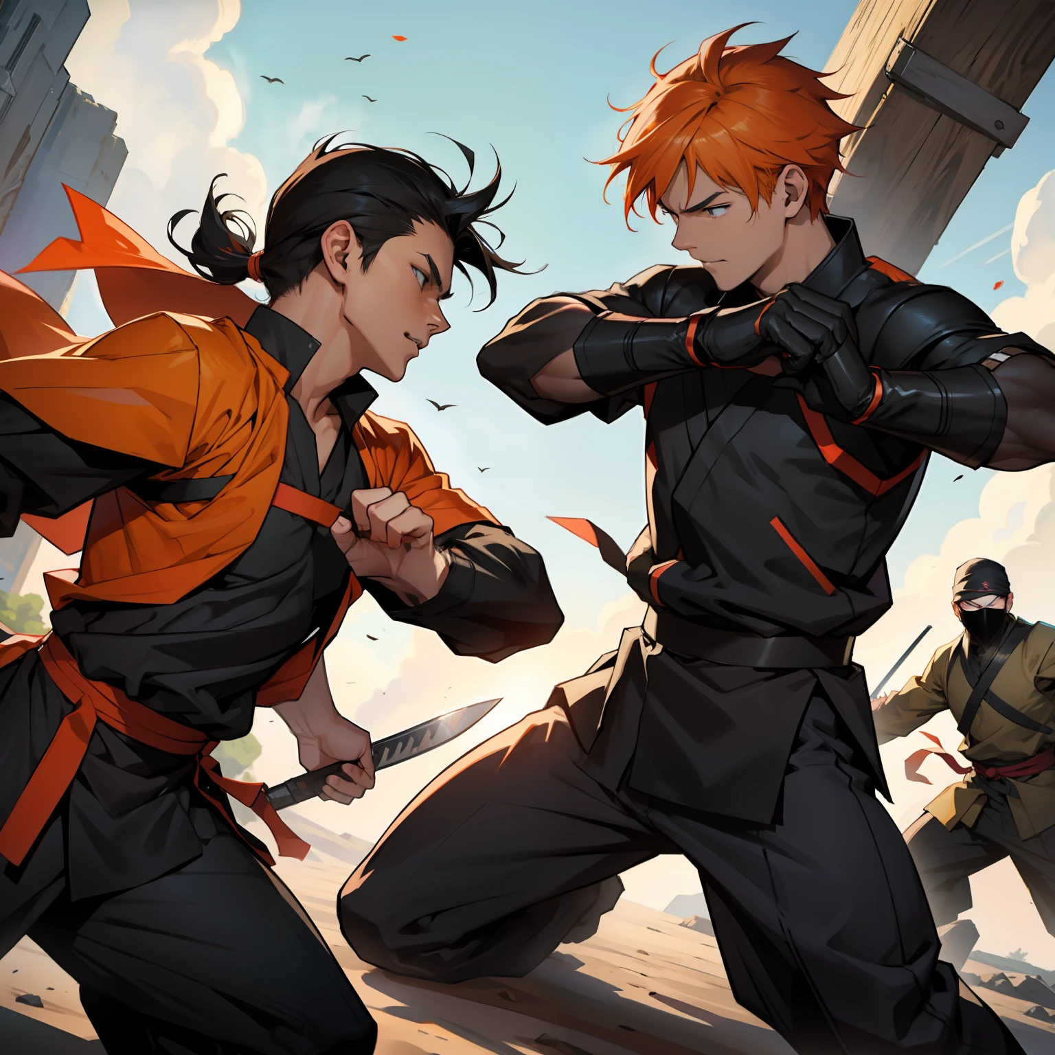 Battle scene between two 15-year-old ninjas with orange hair and the other black hair