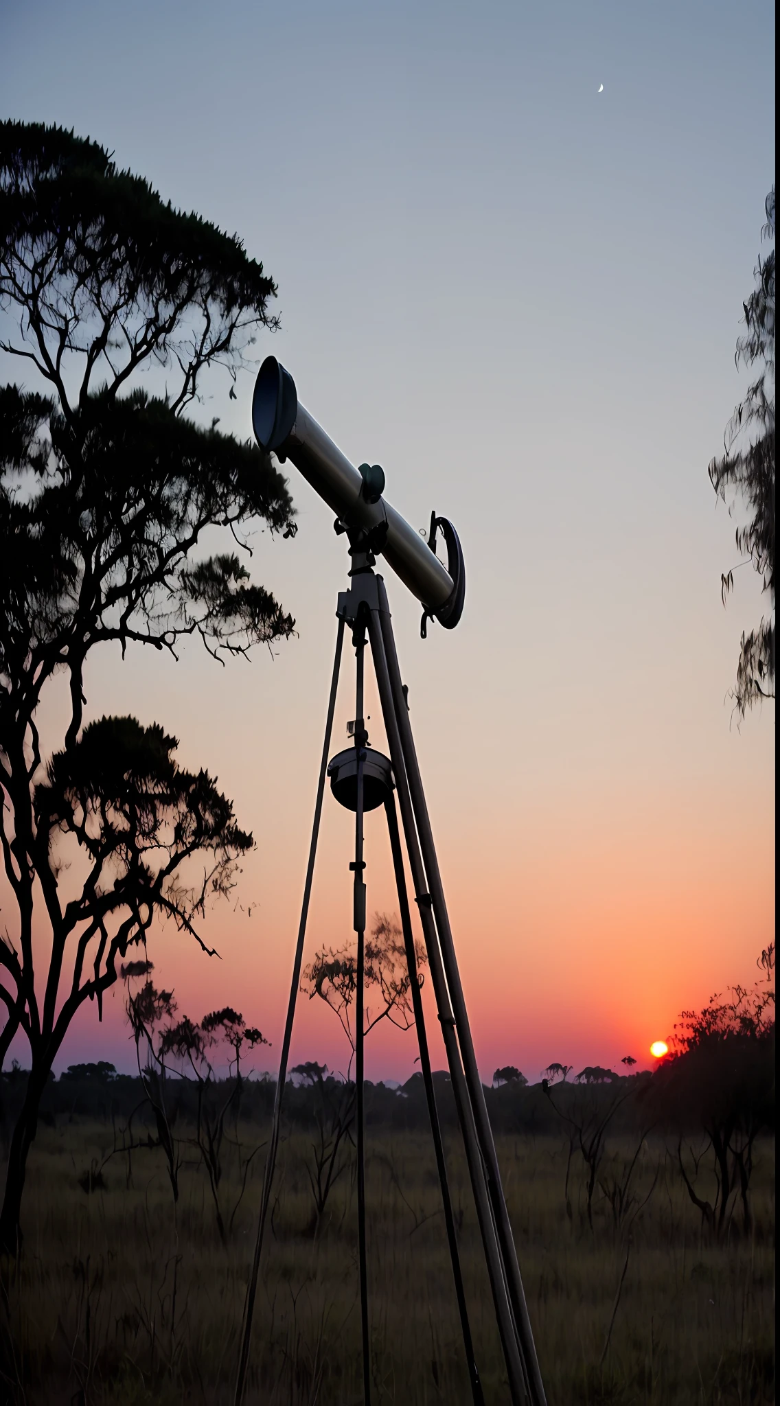 Newtonian telescope on the savannah of Brazil in August seen at dusk before the deep sky appears