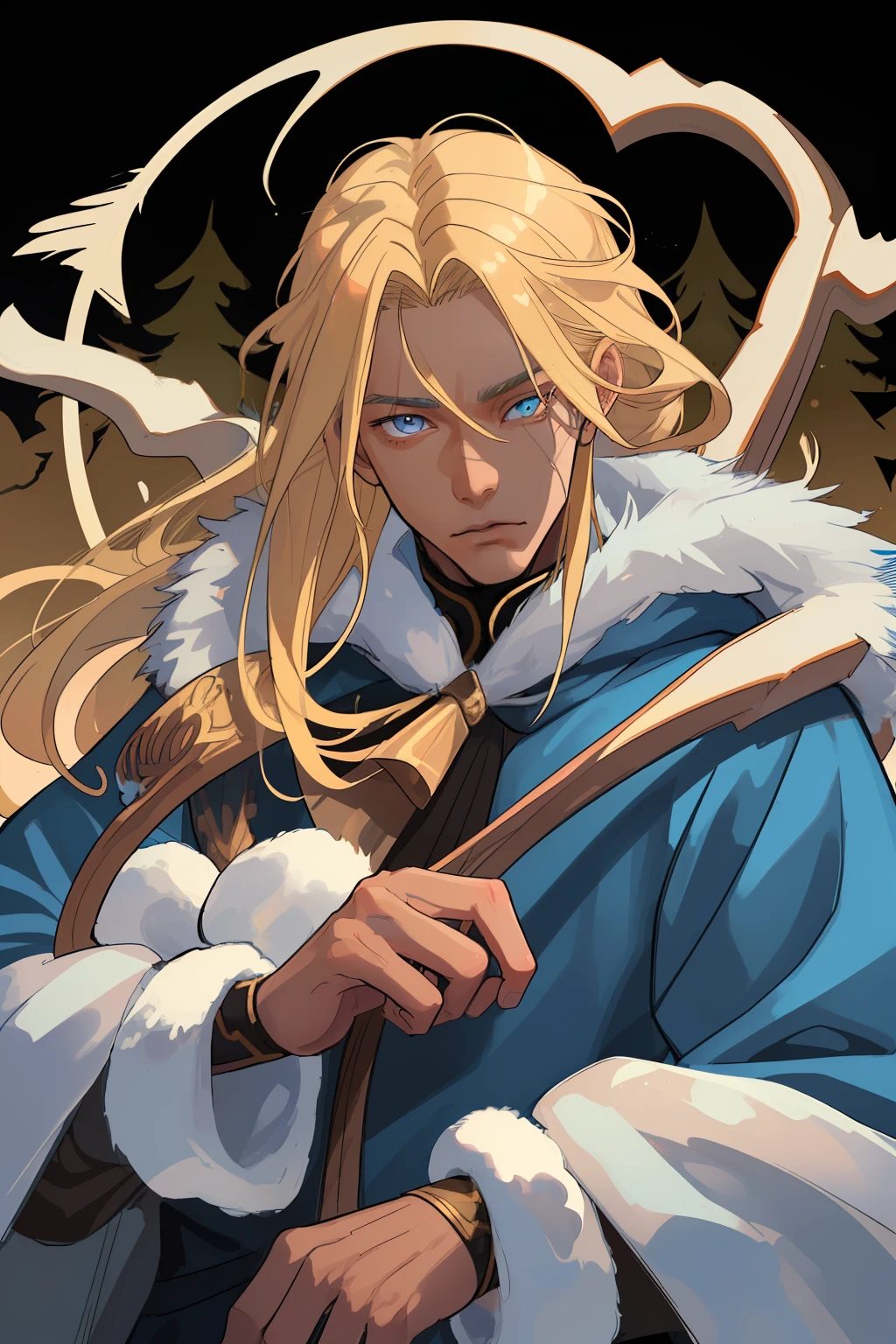 A man with a light skin tone and long blonde hair, Falling on the shoulders. He has a bionic right eye with blue lenses. Dressed in a fur-lined fur coat. In his hands he holds a bow and arrows. A man stands in a winter forest. Detailed background. Detail Eyes. calm face, dynamicpose, daytime lighting. detailized face, beatiful face.