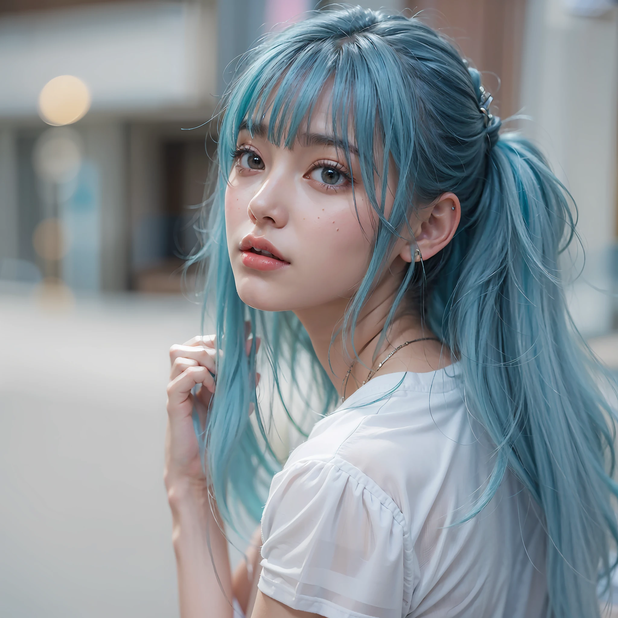 Clothed、(Photo Real:1.4)、(hyper realisitic:1.4)、(realisitic:1.3)、 (Smoother lighting:1.05)、(Improved lighting quality in movies:0.9)、32K、 1girl in、20 years girl、Realistic lighting、Back lighting、Facial light、raytrace、(Brightening light:1.2)、(Increase quality:1.4)、 (Top quality real texture skins:1.4)、finely eye、finerly detailed face、Fine quality eye、Soft hair quality、 close up of face、tshirts、 (Improve skin texture:1.1)、Mysterious、 Long bangs、Blue hair from ears to front、Black hair from the ears to the back、