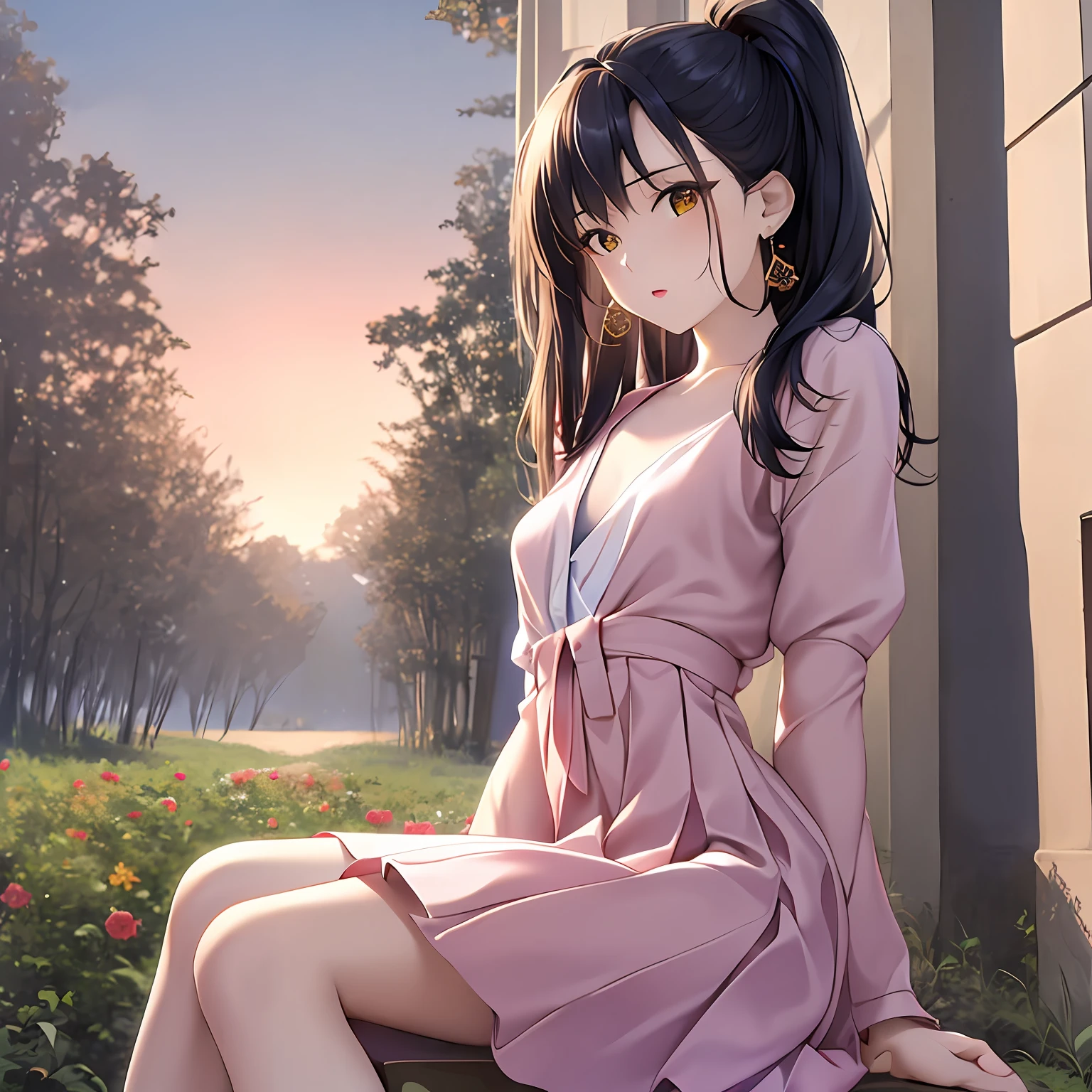 (gradation hair, Dutch Angle:1.3), film grains, chromatic abberation, masterpiece, top-quality, Raw foto, Photorealsitic, absurderes, 1girl in, cute little, Near and far law, cowboy shot, hight resolution, ultra-detailliert, Eyes and faces with detailed, Sharp pupils, Realistic pupils, foco nítido, ((Photorealsitic:1.37)),((((low angles)))),((Beautuful Women))、Slimed、tiny waist、((Light Pink Pleated Long Skirt))、White blouses ,((((heels((10cm))Has high heels)))、(((Only the heel area is red,)))), ((Wide prairie background)), tussock,one girls, ((Sitting on a stump)), ((Troubled face))),Inner hair color pink,Lady, 8K, Best Quality,Black eyeliner,Light pink lipstick, (small tits),22year old ,girl with, 鎖骨,Sunrise,Sunshine, Sunnyday,glowing earrings, Beautiful brown eyes, finely detail, Beautiful detailed girl, strong breeze, (Hair flutters), Slender face, 鎖骨, beutiful breast,length hair, Beautiful face, ((Half-up hairstyle)), Upstyle,Black Gradient Hair, Shiny hair,