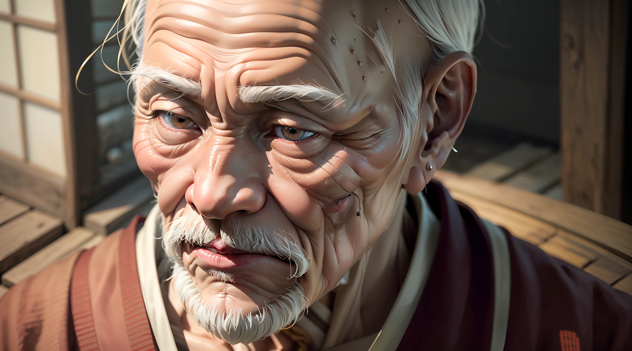 close up picture of Old japanese man, (high detailed skin:1.2), 8k uhd, dslr, soft lighting, high quality, film grain, Fujifilm XT3,(Photorealism:1.3),Aestheticism,[Japanese],Highly Detailed,(1 old man :1.4),(handsome:1.1),dressed as Zen , tradicional japanese clothes, colored skin, updo, (attractive:1.3),perfectly detailed eyes