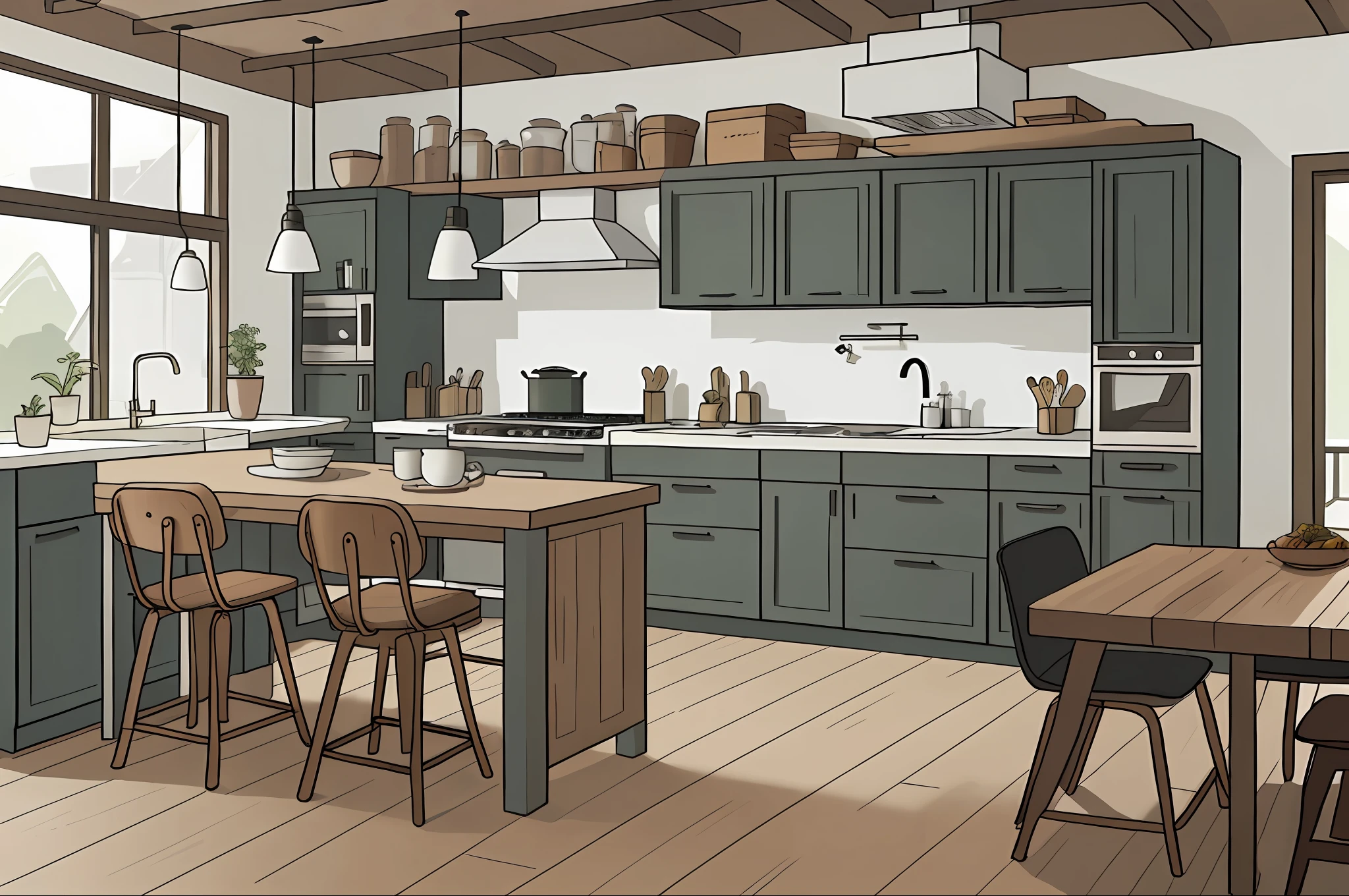 there is a kitchen with a table and chairs in it, Cor moderna, Estilo moderno, Modern rustic", Estilo moderno brilhante, Minimalista moderno,
