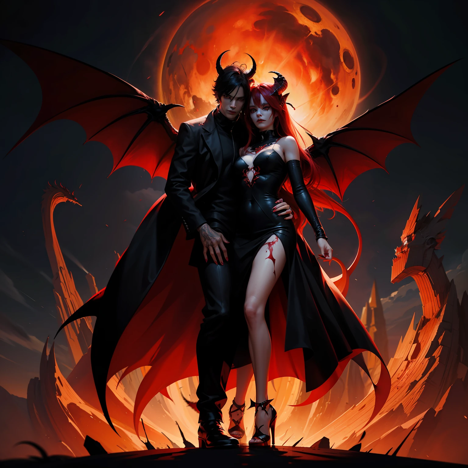 Black and red colors, Yakrie Colors, Demons in the background, Demon Girl with Her Demon Boyfriend on Medium Palna, hell, Blood in the style of a cartoon, Art, Animation in a crazy style, 3D render with effects, Insane effects