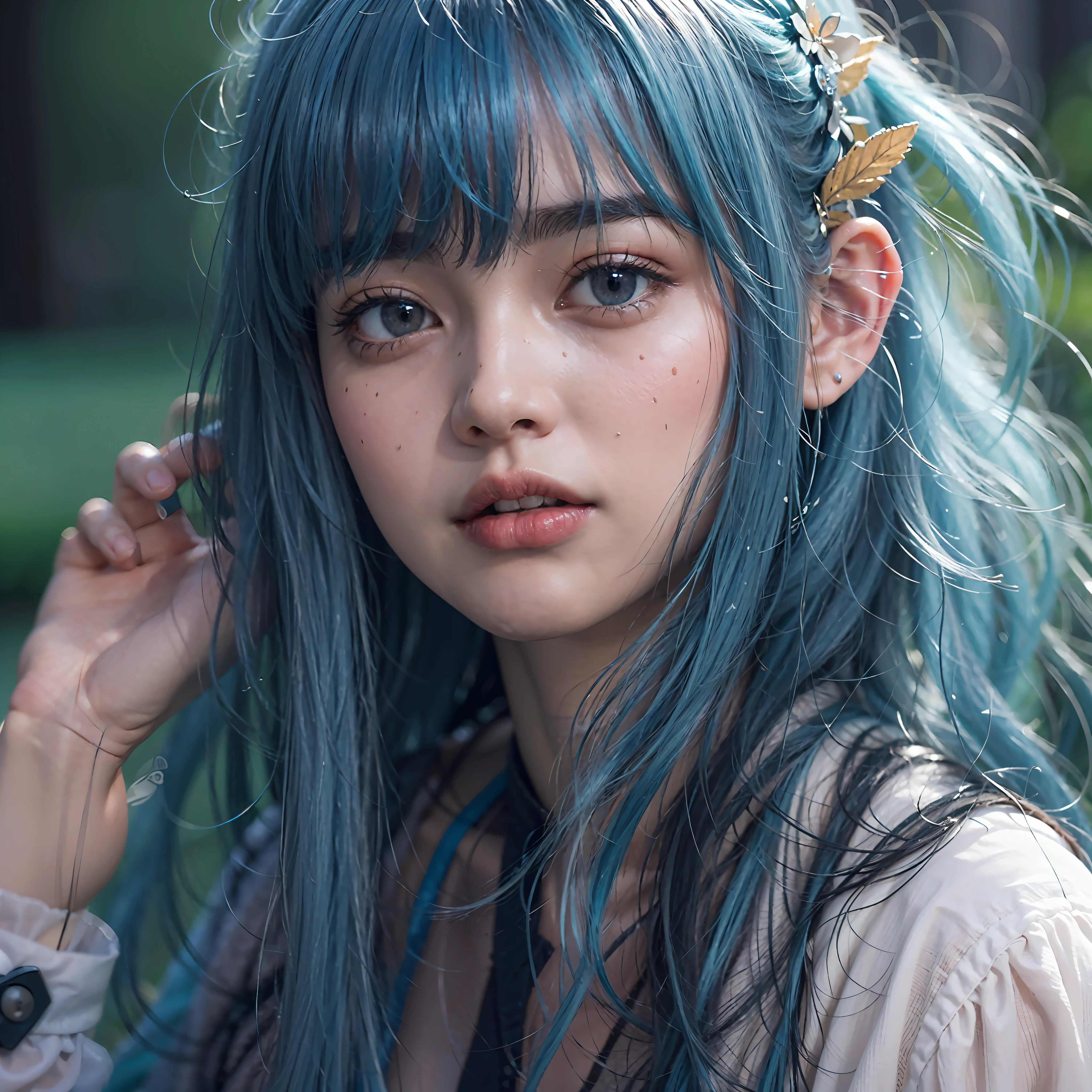 Clothed、(Photo Real:1.4)、(hyper realisitic:1.4)、(realisitic:1.3)、 (Smoother lighting:1.05)、(Improved lighting quality in movies:0.9)、32K、 1girl in、20 years girl、Realistic lighting、Back lighting、Facial light、raytrace、(Brightening light:1.2)、(Increase quality:1.4)、 (Top quality real texture skins:1.4)、finely eye、finerly detailed face、Fine quality eye、Soft hair quality、 close up of face、tshirts、 (Improve skin texture:1.1)、Mysterious、 Long bangs、Blue hair from ears to front、Black hair from the ears to the back、