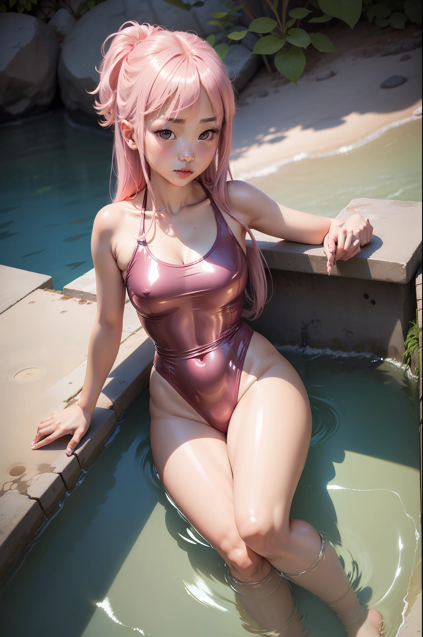 fotorealistisch, asian young girl, shiny, pink shiny swimsuit,