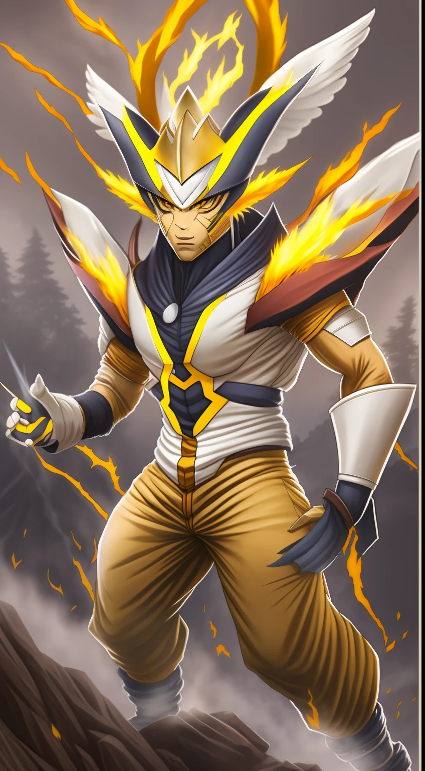 Naruto and Arceus Pokemon Fusion, corpo inteiro, armadura com detalhes dourados, pele de fogo, Realistic, hiperdetalhado, fundo Montanhas, Ultra HD