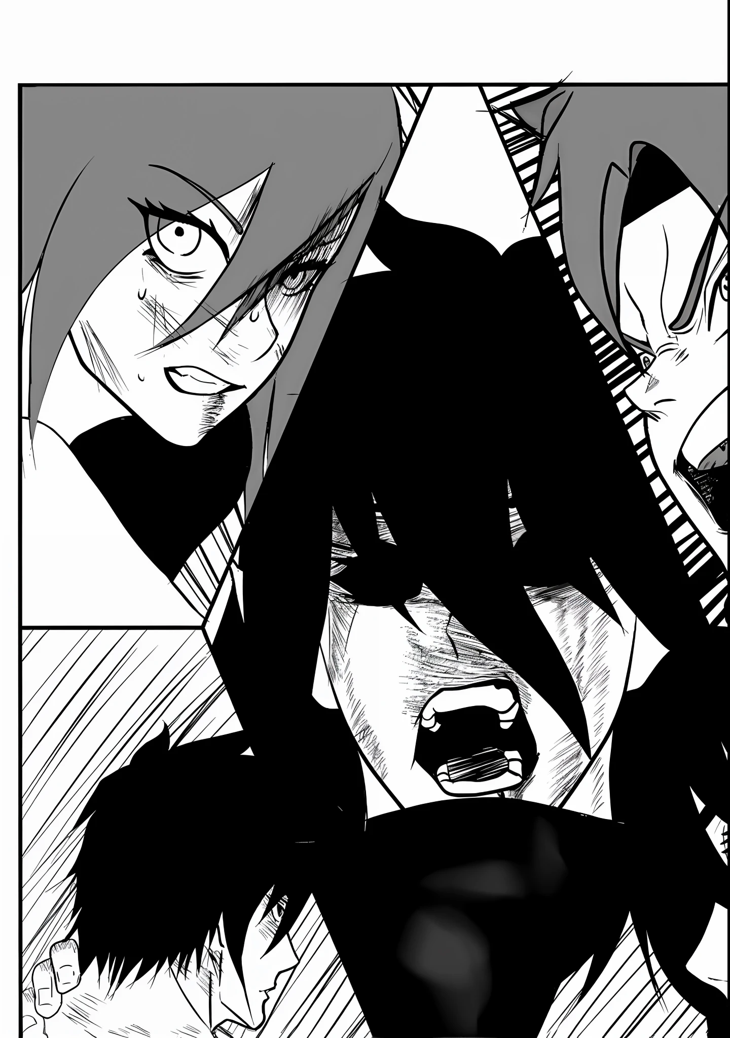 a black and white image of a group of people with different expressions, black and white manga page, black and white manga panel, bleach manga style, black and white manga style, manga page, black and white manga comic, black and white manga, award winning manga style, in manga style, striking manga artstyle, detailed manga style, madara uchiha, manga panel