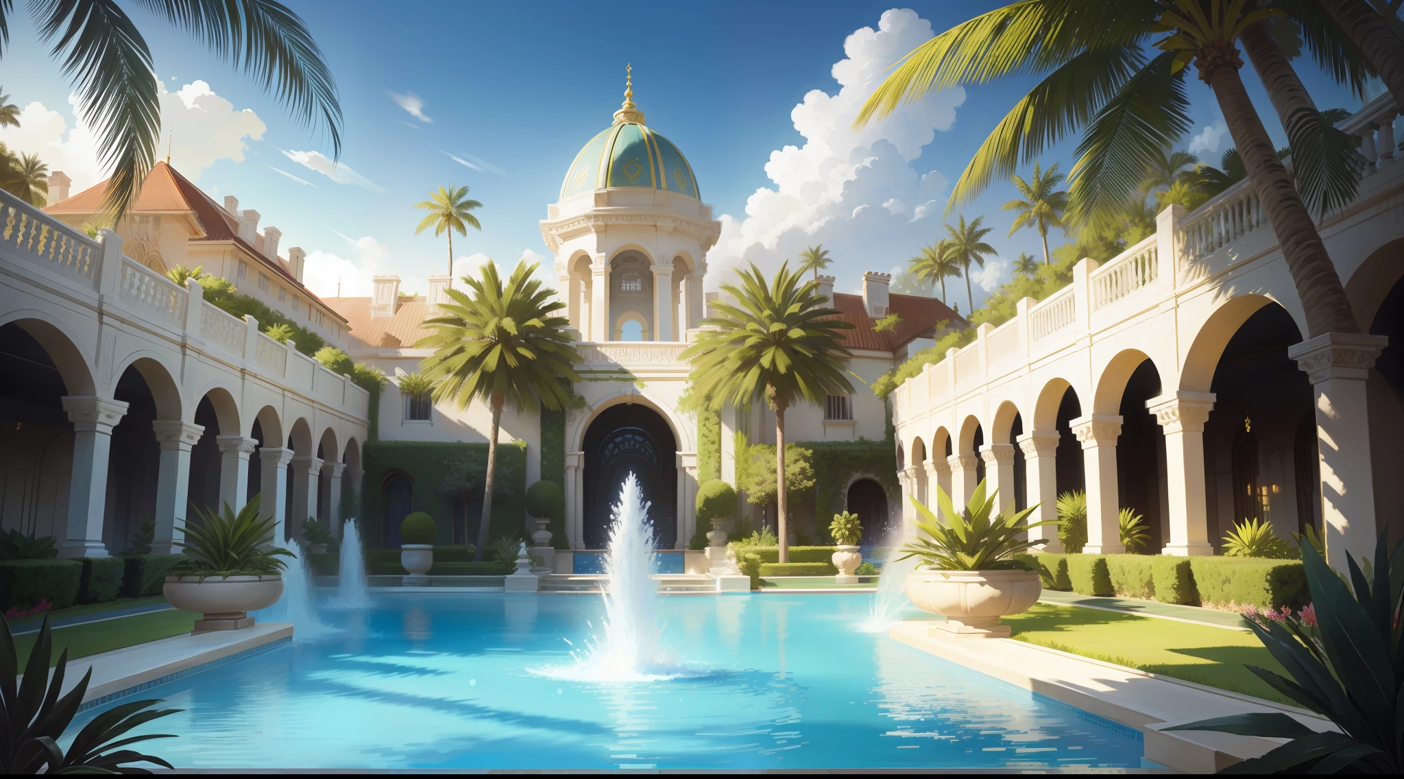 arafed view of a tropical garden with a fountain and palm trees, very detailed paradise, next to a tropical pool, outdoors tropical cityscape, royal garden background, tropical pool, with palm trees and columns, beautiful detailed background, beautiful magical palm beach, a pool inside the giant palace, paradise in the background, tropical paradise, fountains and arches, background art deco palace