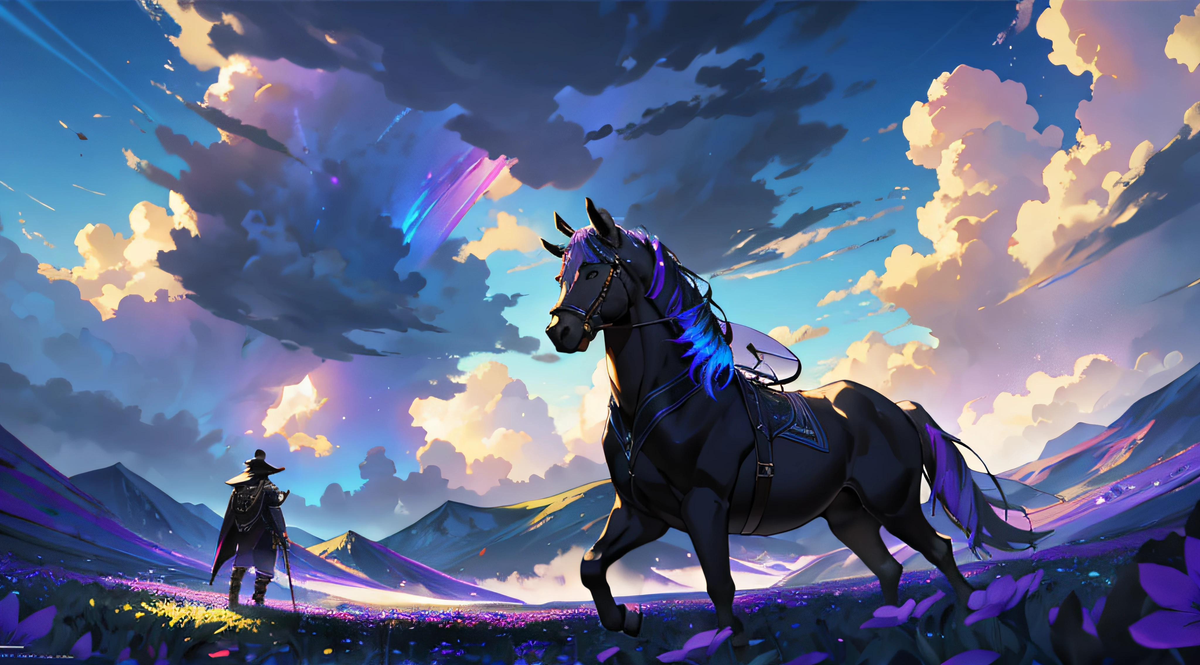 expansive landscape photograph, (a view from below that shows sky above and open field below), a man with mask and black clothes standing on flower field looking up, bright sunny day (clouds:1.4), distant four mountains, tree BREAK
production art, lot of purple and black, intricate details, volumetric lighting, realism BREAK
(masterpiece:1.2), detailed shadows, (best quality), 4k, ultra-detailed, (dynamic composition:1.4), highly detailed, colorful details,( iridescent colors:1.2), (glowing lighting, atmospheric lighting), dreamy, magical, (solo:1.2)