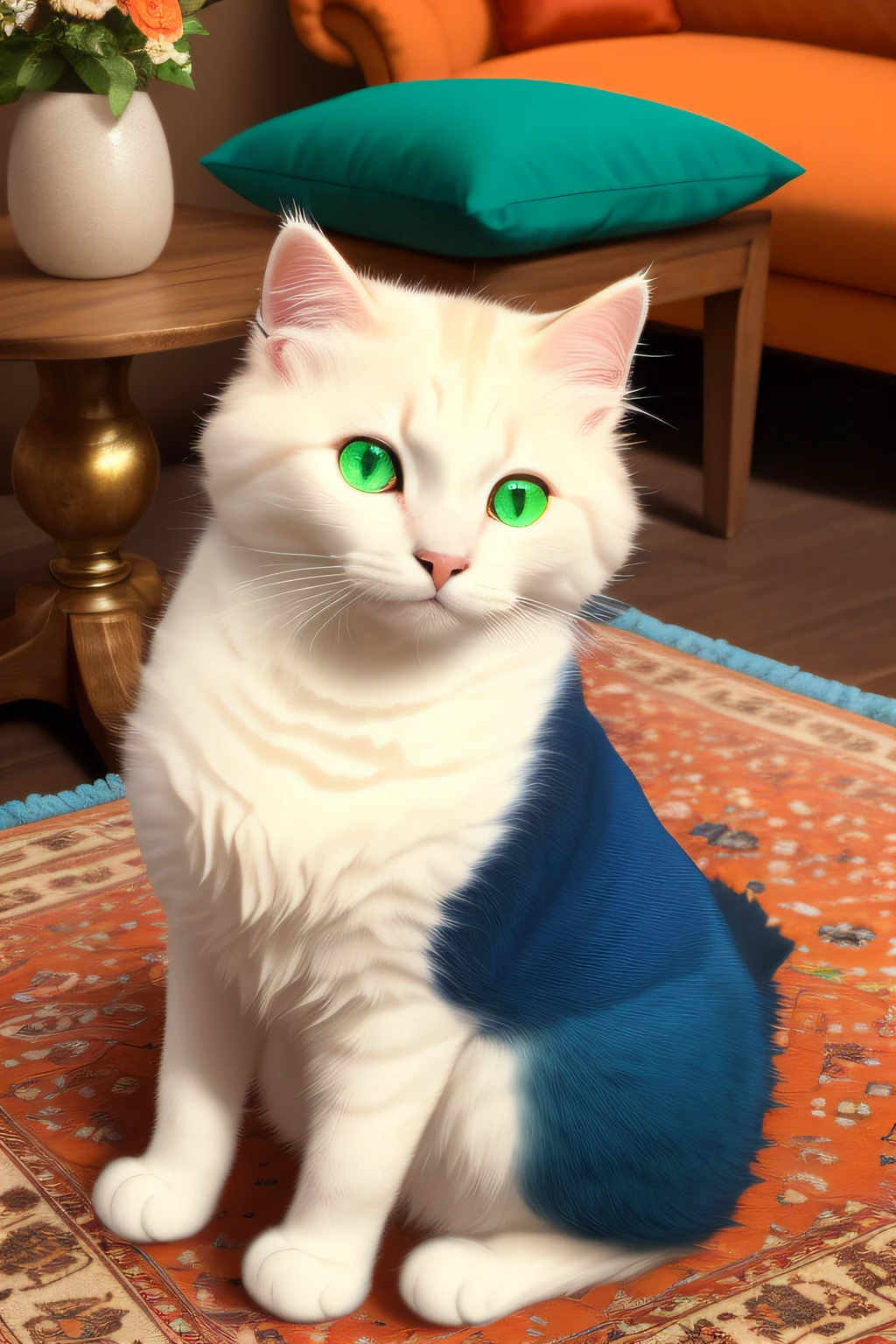 (masterpiece, ultra high res, photo-realistic:1.3), adorable fluffy cat, (vibrant orange and white fur:1.2), (sparkling green eyes:1.4), tiny pink nose, curled-up, comfortable, close-up, looking directly at viewer, (whiskers in full display:1.1), soft warm lighting, cozy interiors, (vintage wooden table:1.1), (richly textured Persian rug:1.2), intricate patterns, colorful balls of yarn scattered, cool colors, vibrant, (deep blue velvet cushion:1.2), cozy atmosphere, peaceful