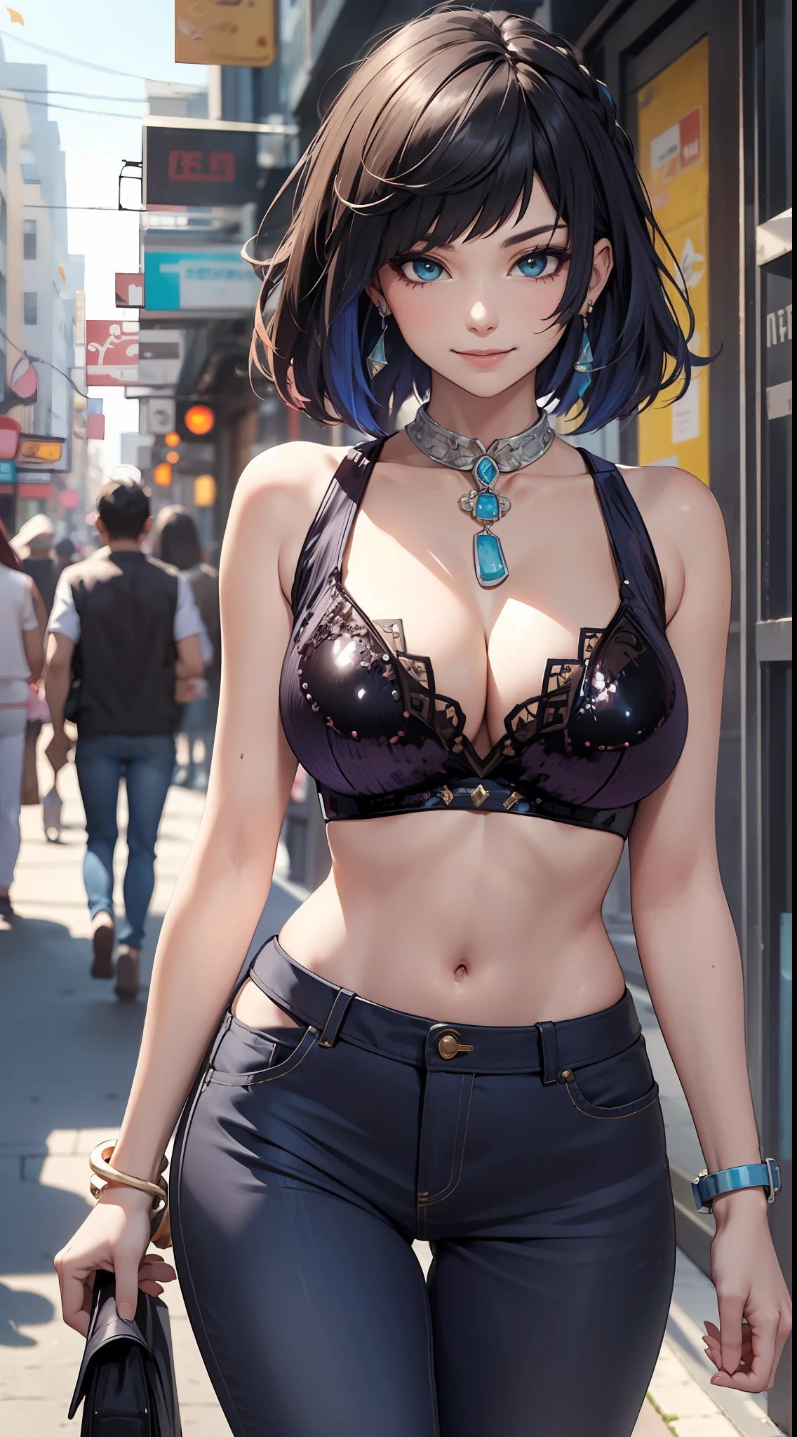 ((Best quality)), ((masterpiece)), yelandef, sleeveless sequin cropped top, cleavage, jewelry, sexy, beautiful, sunny day, walking down a busy city street, smile,