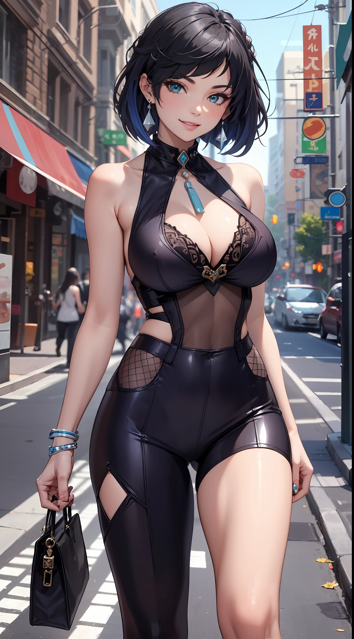 ((Best quality)), ((masterpiece)), yelandef, sleeveless sequin cropped top, cleavage, jewelry, sexy, beautiful, sunny day, walking down a busy city street, smile,