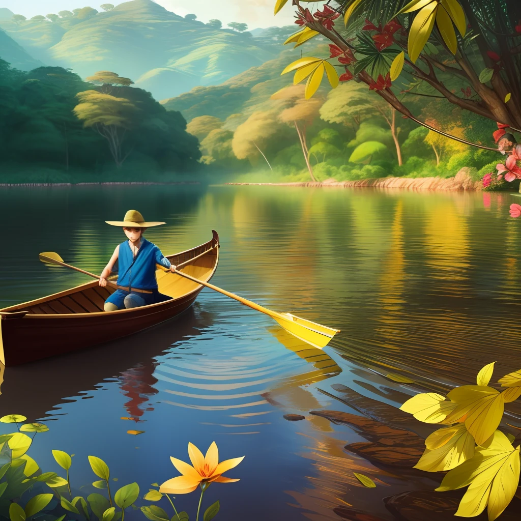One beautiful boy found a big natural golden fountain rowing a boat golden river in the golden jungle at the city of gold realstic , clearity 4k, nostalgic, masterpiece, beautiful scenery --auto --s2