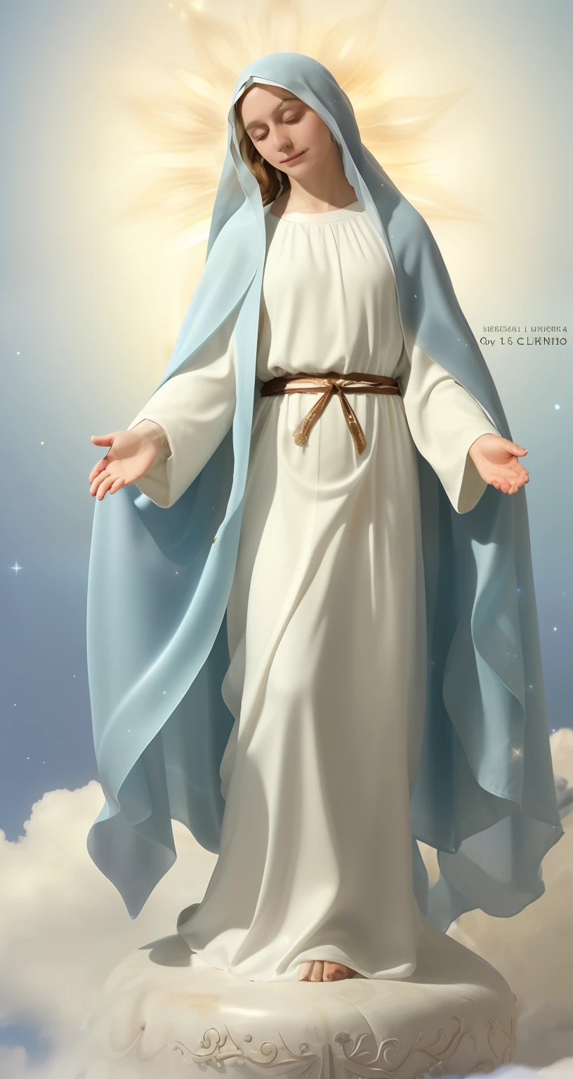 (((Blessed Virgin Mary))) (((20 years old)))  (((aspecto muy serio y piadoso. mirada tierna y dulce   )))  . obra maestra, (La mejor calidad: 1.2), (super fine: 1.2), illustration, (extremadamente delicado y hermoso: 1.2), movie angle, flotante, (Hermoso ojo de detalle: 1.1), (detalle luz: 1.1), Movie Lights, Cielo delicado, ojos azules, (Cola de caballo alta: 1.1), capa, ojuelos, (luna: 1. 2), (Luz de la luna: 1.1), cielo estrellado, (light particles: 1.1) dibujo, flor. (obra maestra), (La mejor calidad), (fotorrealista:1.3), 8k, Textura detallada de la piel, Textura detallada de la tela, hermosa cara detallada, Detalles intrincados, ultra detallado (cuerpo de cuerpo entero:1.2)