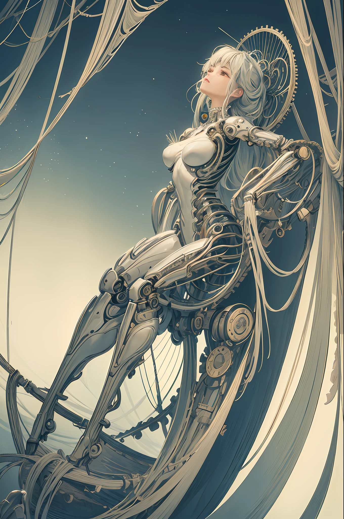 (((masterpiece))), (((best quality))), ((ultra-detailed)), (highly detailed CG illustration), ((an extremely delicate and beautiful)),(from side),cinematic light,((1mechanical girl)),solo,full body,(machine made joints:1.2),((machanical limbs)),(blood vessels connected to tubes),(mechanical vertebra attaching to back),((mechanical cervial attaching to neck)),(sitting),expressionless,(wires and cables attaching to neck:1.2),(wires and cables on head:1.2)(character focus),science fiction,extreme detailed,colorful,highest detailed