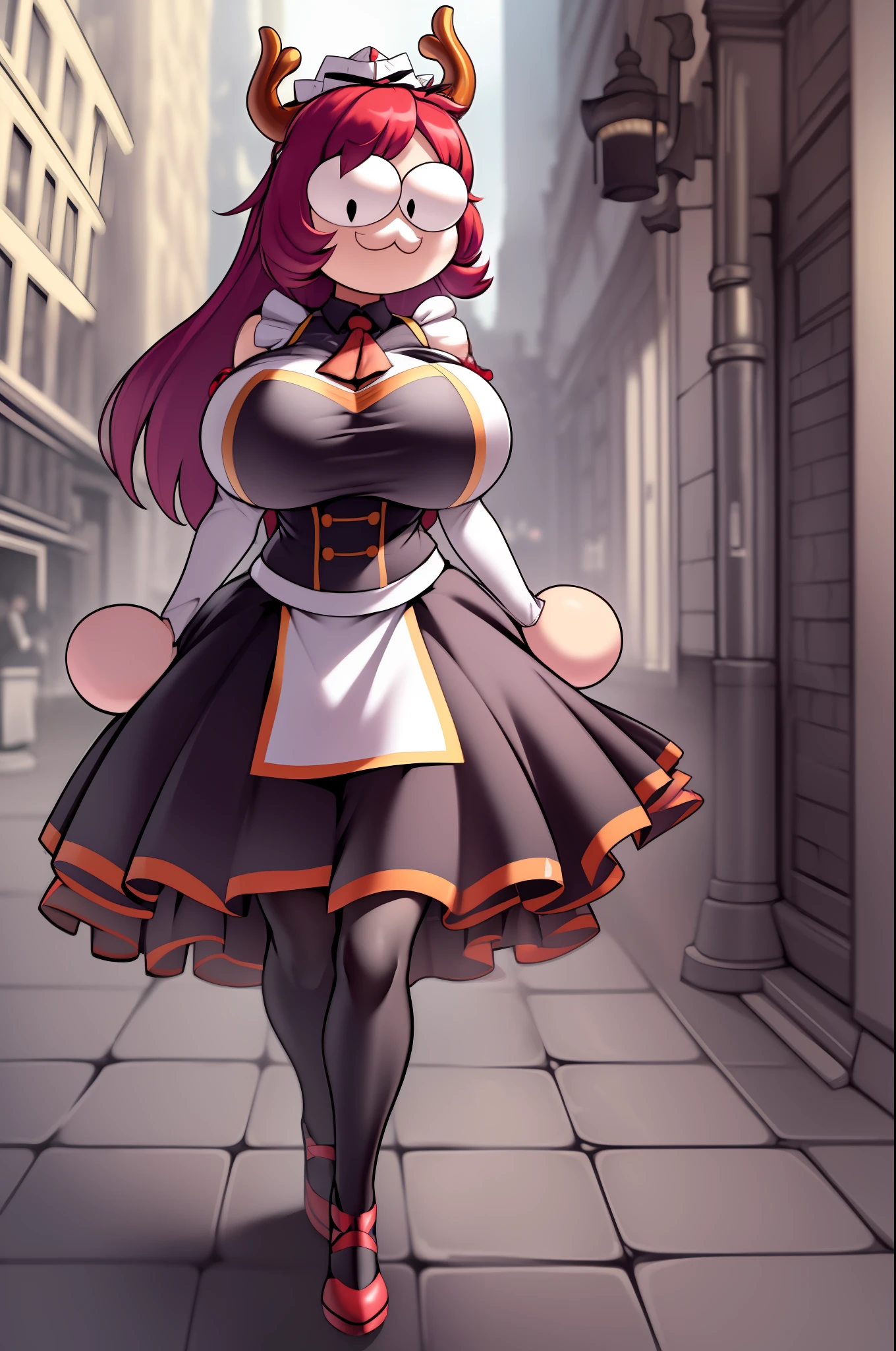 necoarc,r, red skirt, skirt, yellow bow, antlers, black bloomers, detached sleeves, hat, pom pom \(clothes\), red headwear, tassel, 2d, cartoon, skirt, thicc body, huge breast, long dress,, walking, pullover,vest,maid