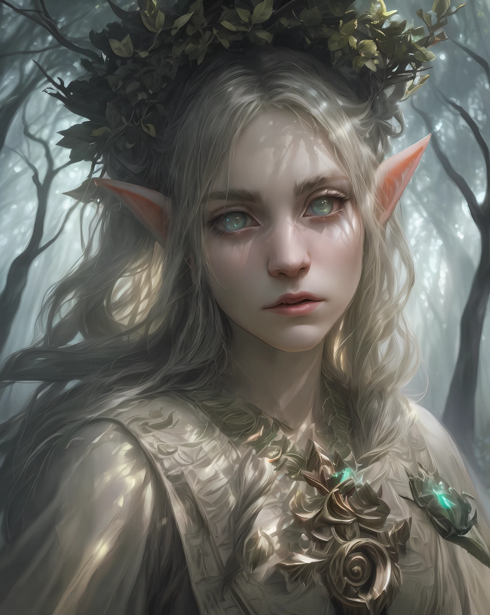 stylized female elves powerfully casting magic, dramatic, emotional, determined expression, forest scene, fog, sunbeams, backlight,particles,glow,power,dramatic angle,artistic composition,masterpiece,streaks of magic light
