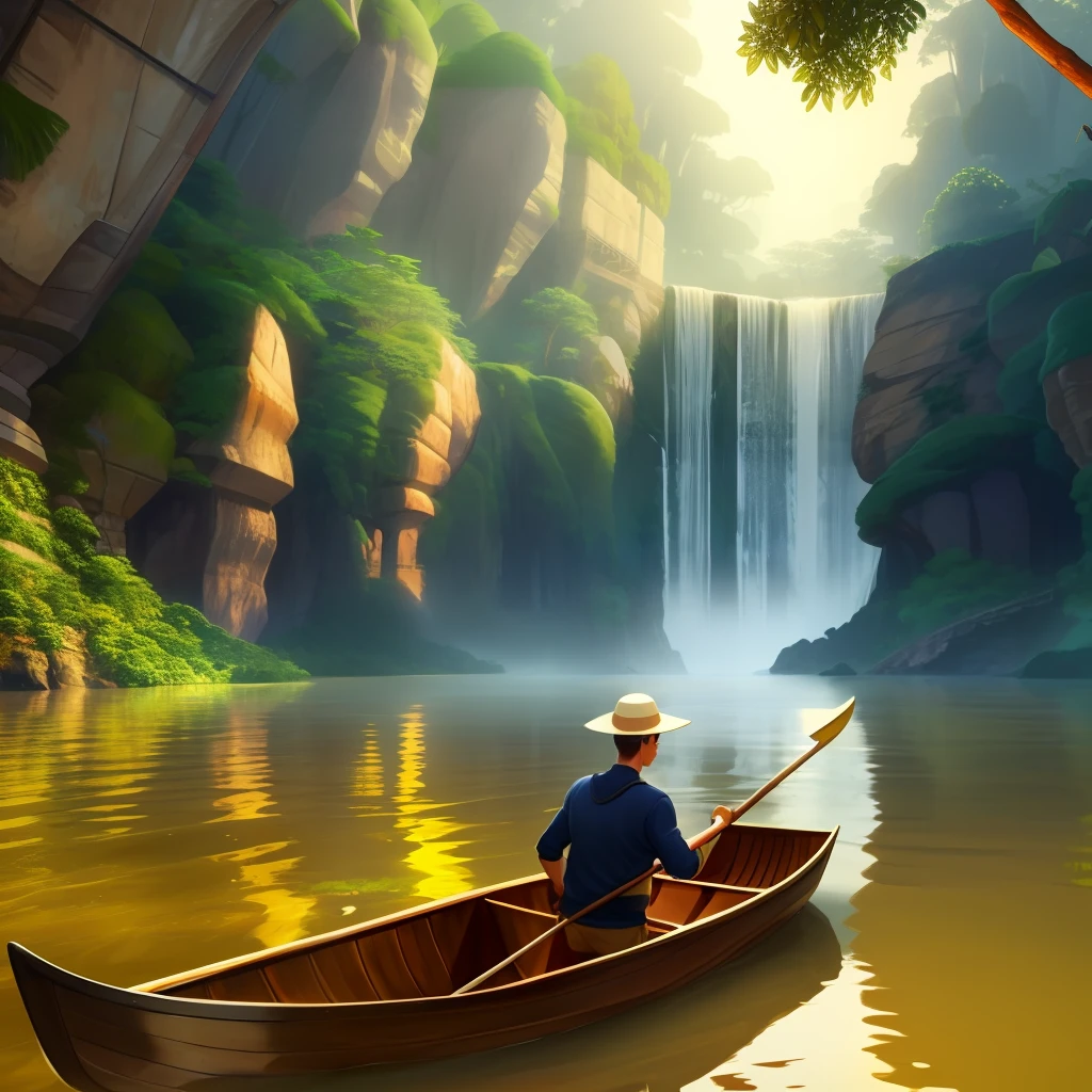 One beautiful boy found a big natural golden fountain rowing a boat golden river in the golden jungle at the city of gold realstic , clearity 4k, nostalgic, masterpiece, beautiful scenery --auto --s2