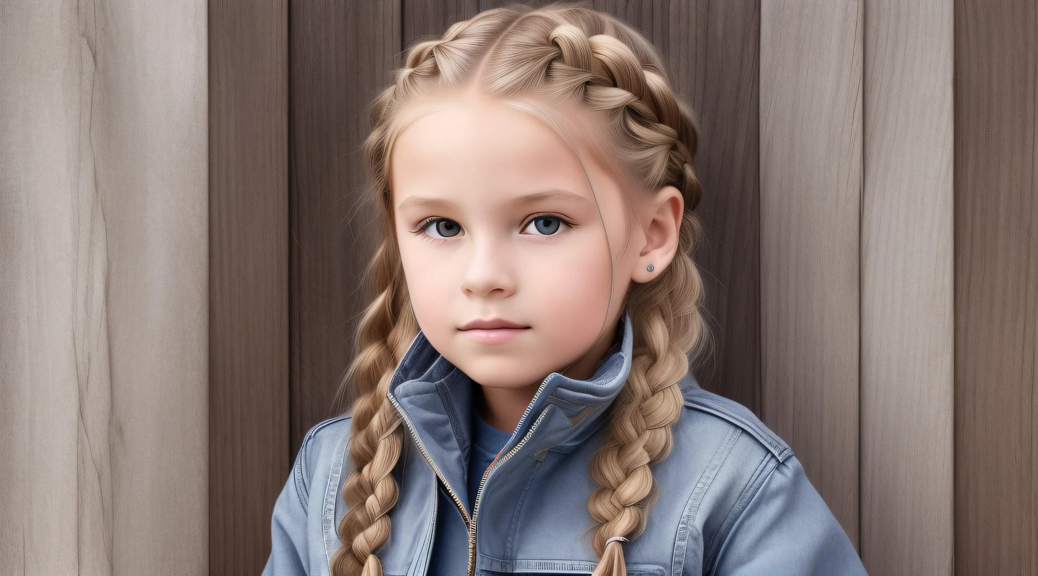 girl CHILD , Russian blonde in braids, JACKET SILVER.