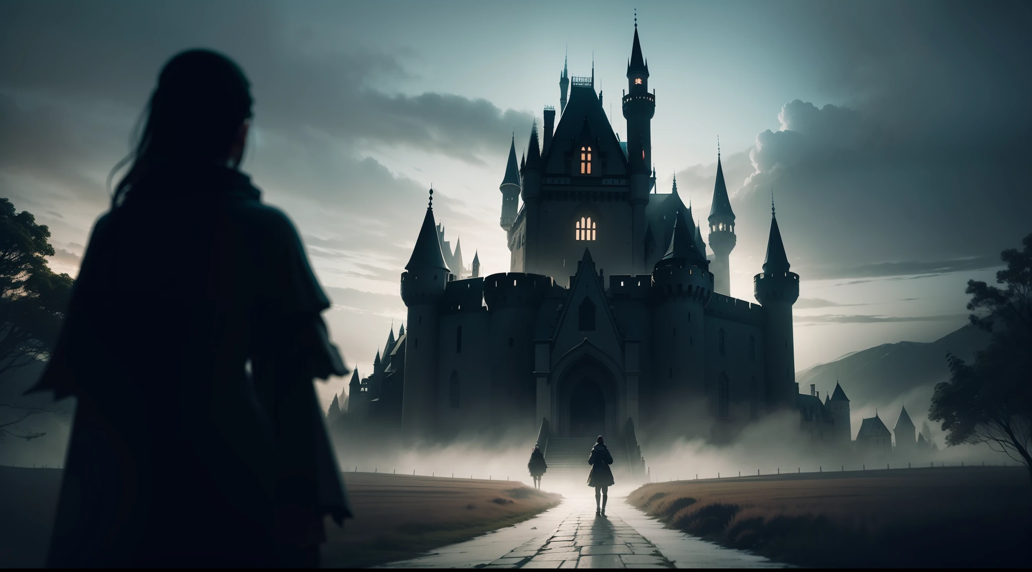 The scene approaching four people to a scary and dark castle from the distant profile, dark photo theme