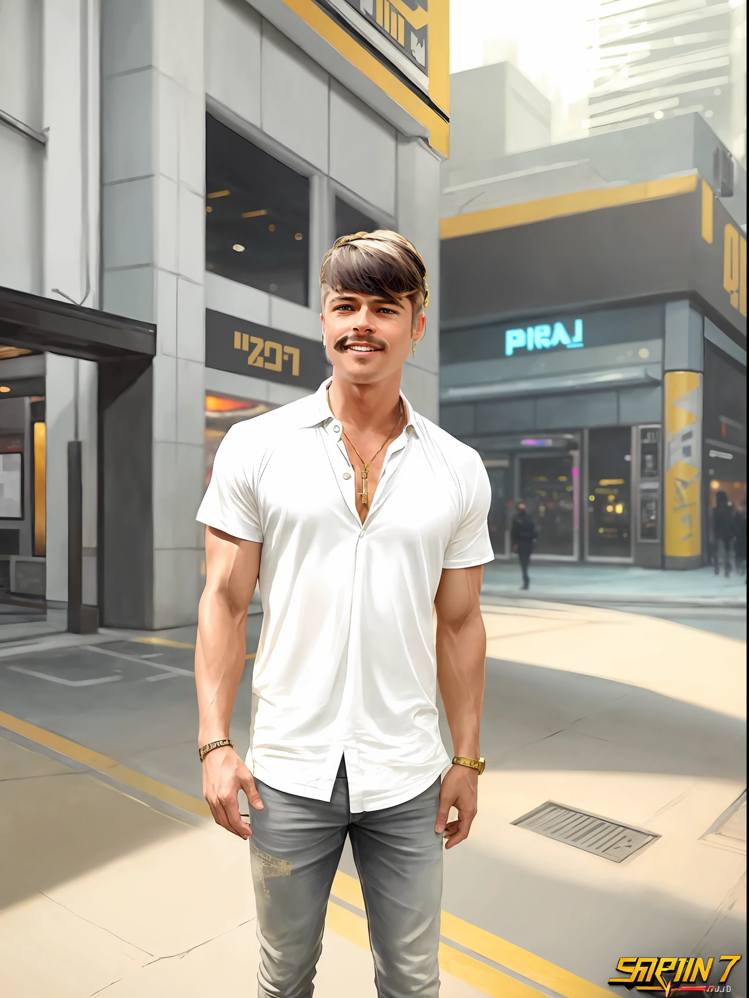 a painting of a Brad Pitt, background, style Cyberpunk 2077, band of gold round his breasts