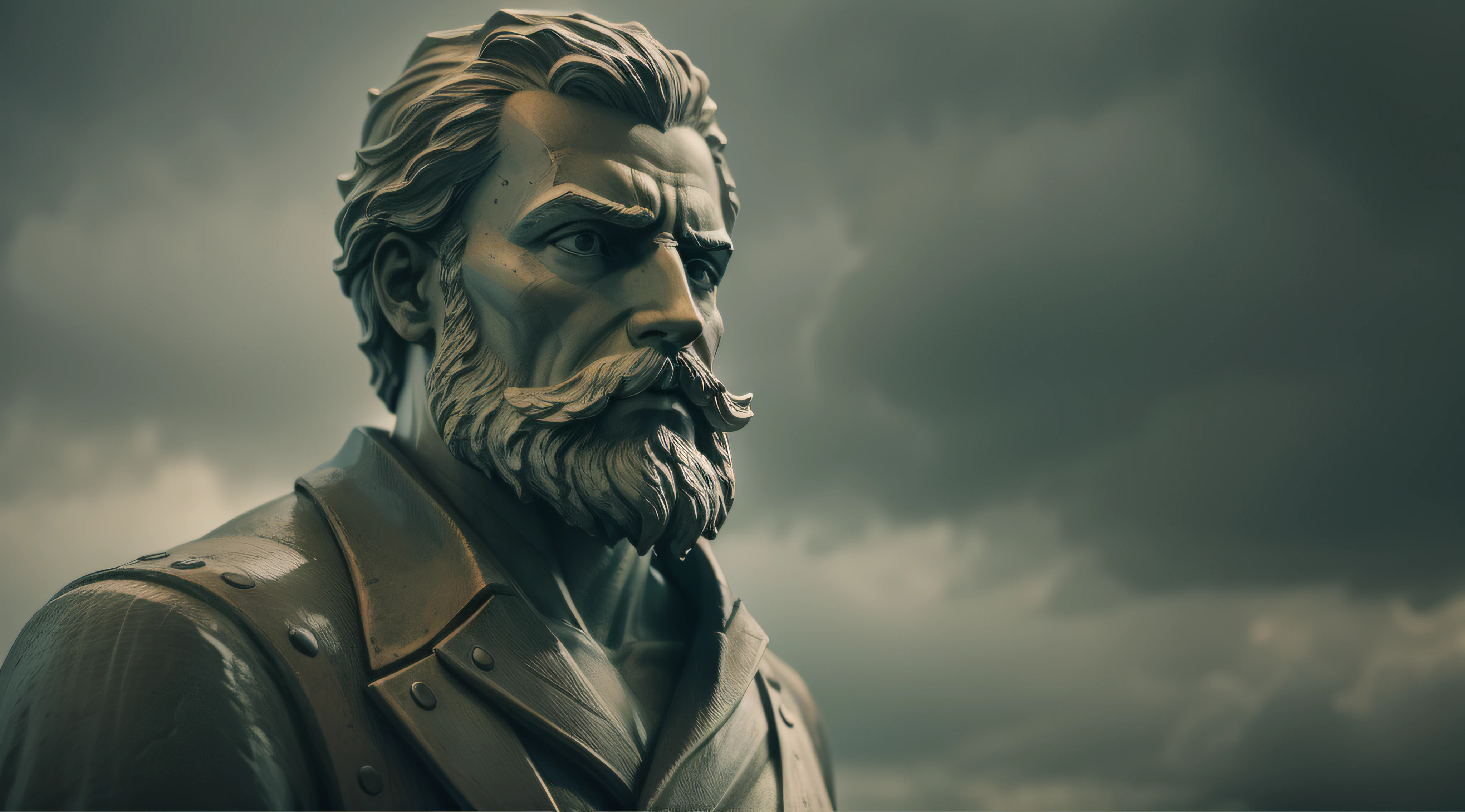 Statue of bearded man and mustache, gloomy setting, stoic