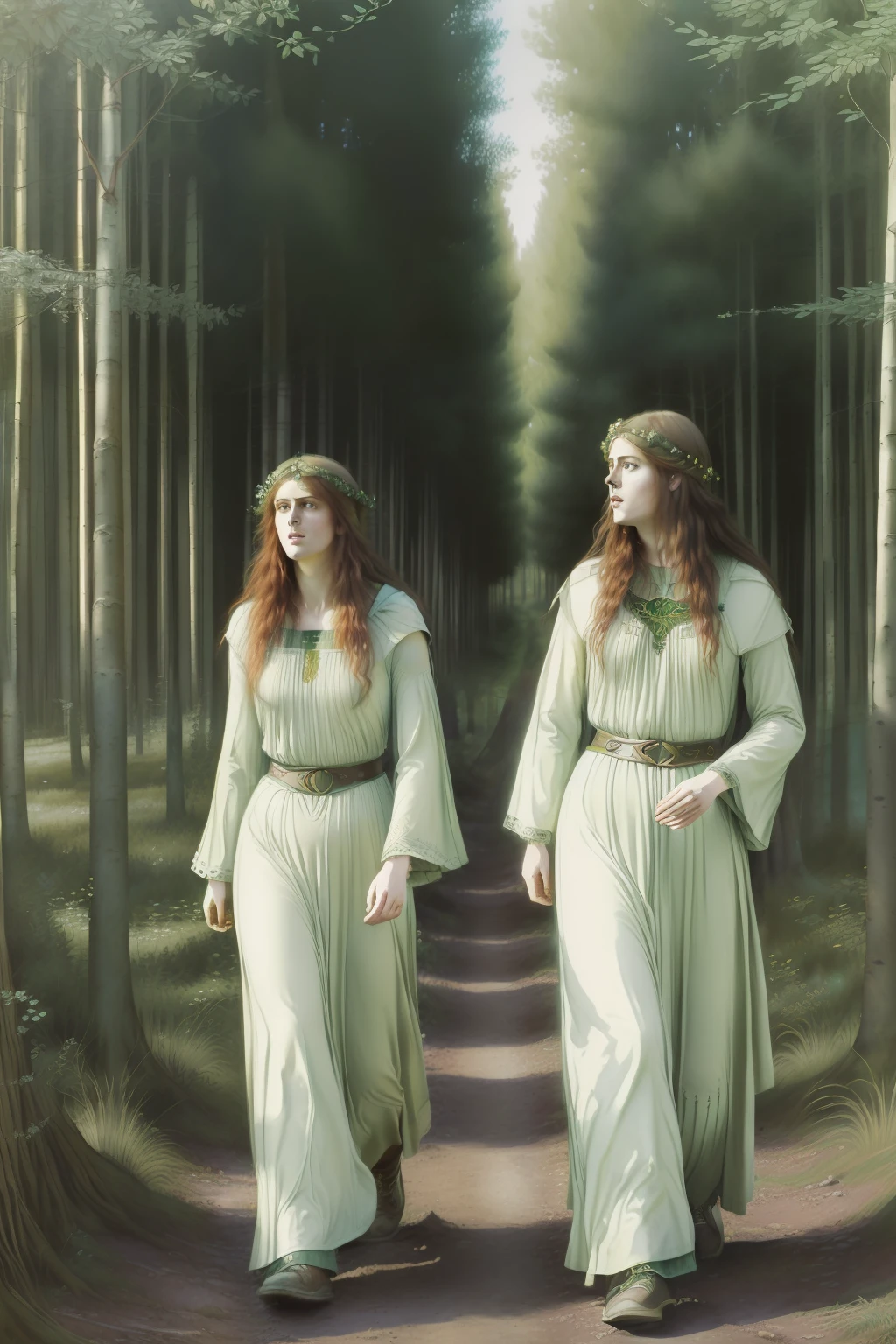 (((Pre-Raphaelite Celtic painting of two druids converse in a forest of quivering poplars, floresta, Cogumelos, tons suaves, paisagem celta irlanda)))