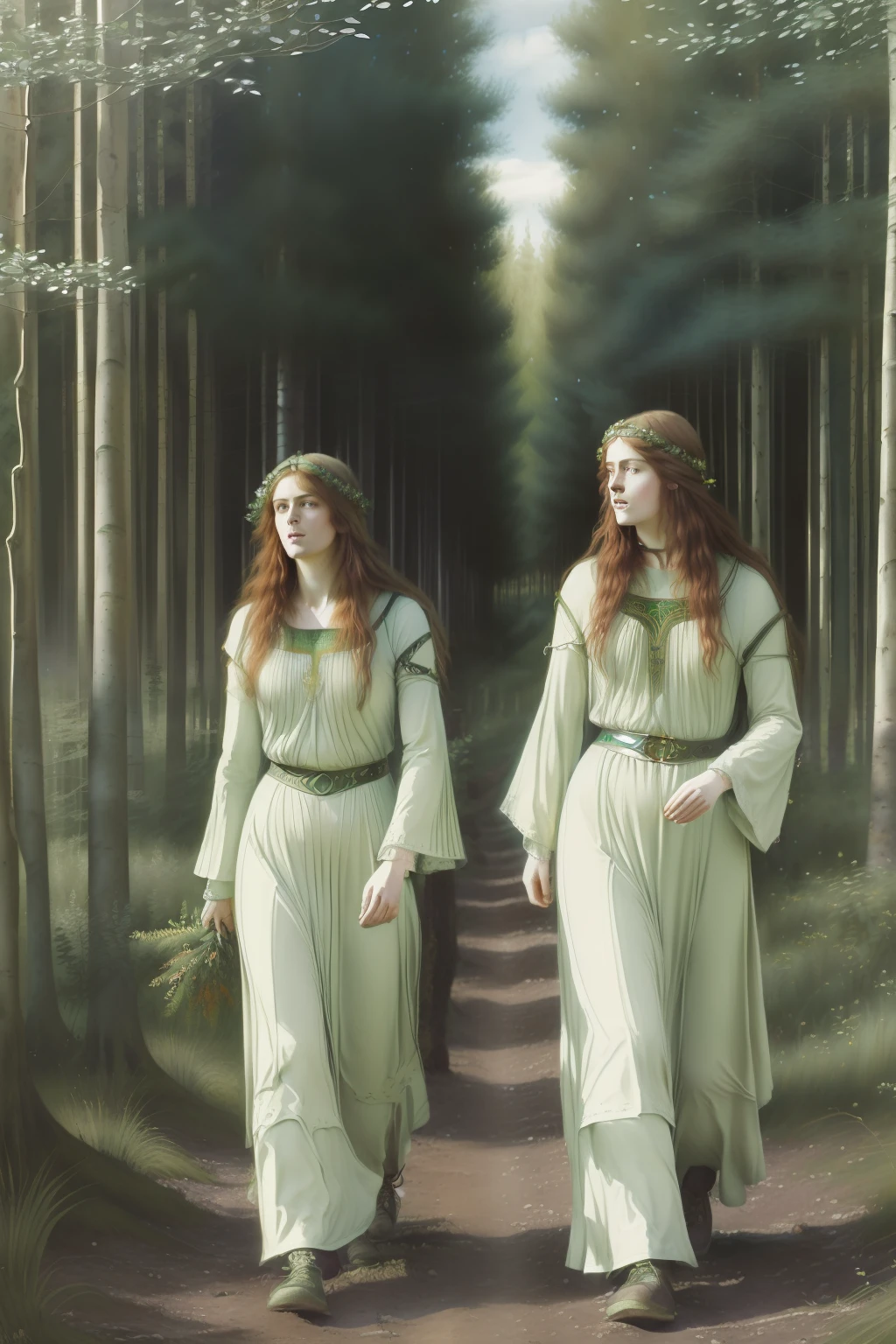 (((Pre-Raphaelite Celtic painting of two druids converse in a forest of quivering poplars, floresta, Cogumelos, tons suaves, paisagem celta irlanda)))