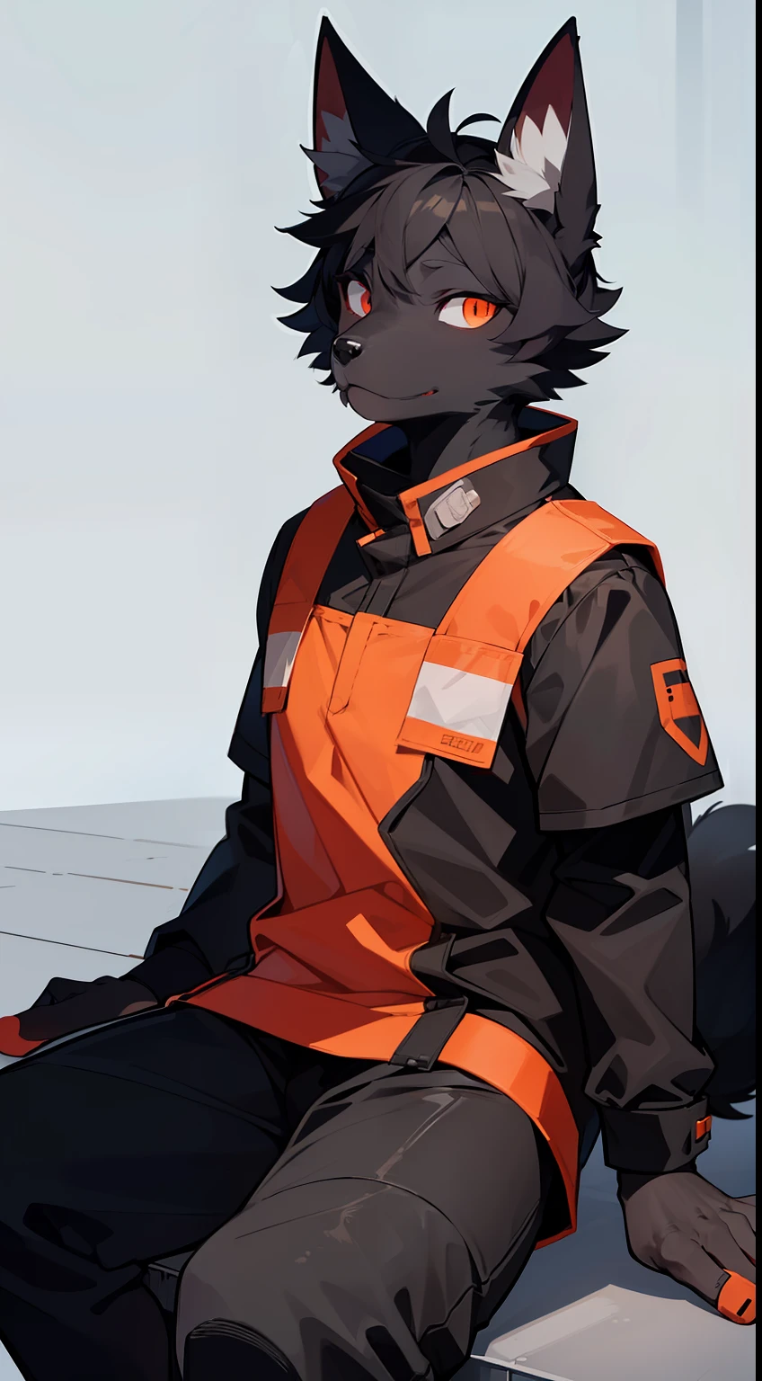 beste-Qualit, super detailed illustration, Black Humanoid Dog, Sad City, in medical clothing, red-orange eyes, Very detailed, relaxed pose, Full-length