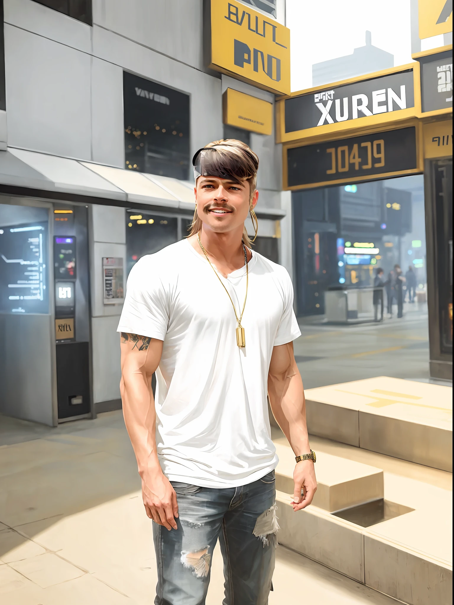 a painting of a Brad Pitt, background, style Cyberpunk 2077, band of gold round his breasts