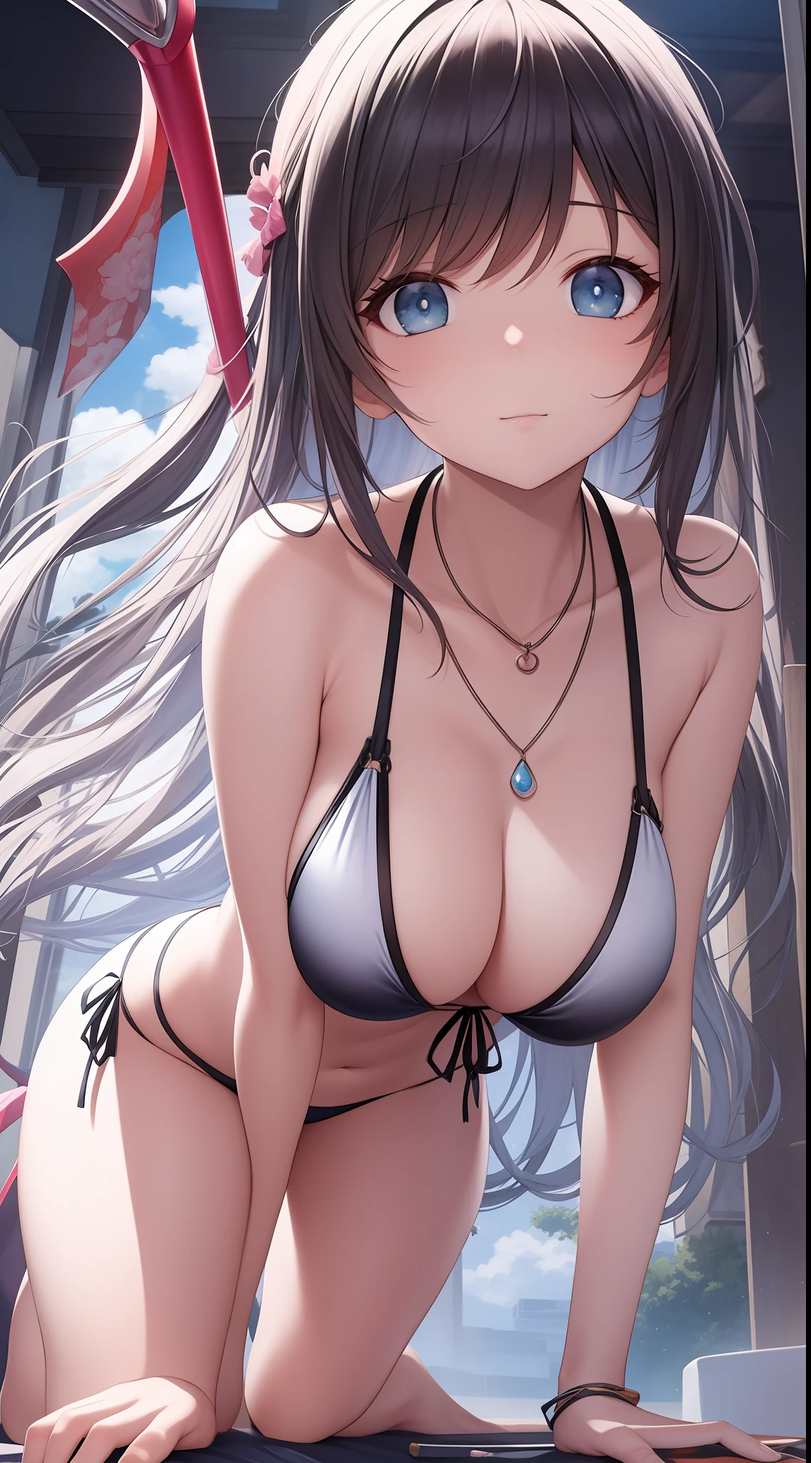 A masterpiece drawn with transcendent technology、1girl in、The bikini、Big sickle、a necklace,all-fours、Kamimei、Staring at me、Cute anime illustration、