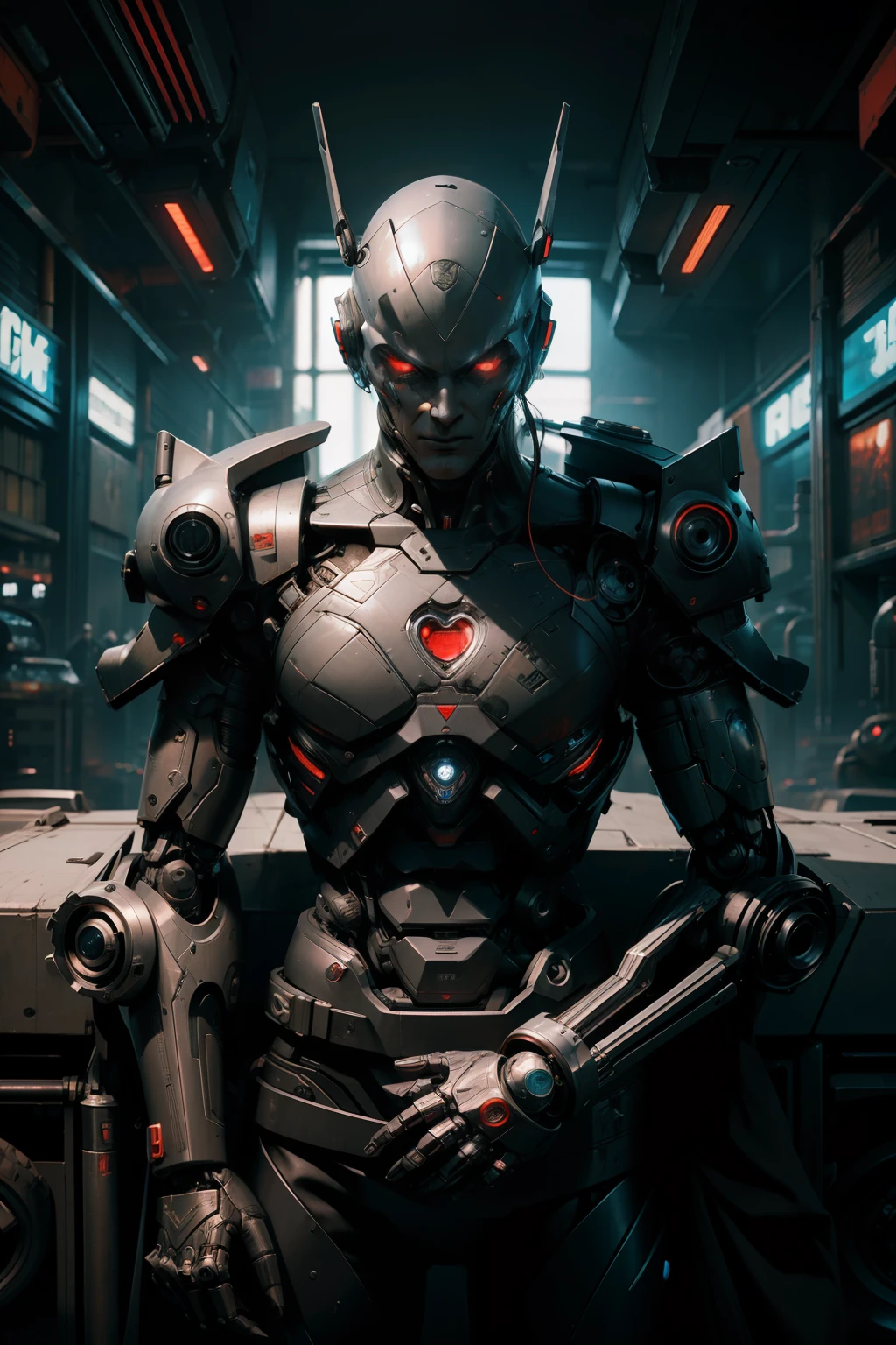 Evil cyberpunk style robot，He possesses most of his humanoid features，Beneath the exterior of kindness hides an evil heart，Her body is connected by pipes，A mechanically modified body，Hyper-detailing，Multiple monochromes，ultra-realistic realism