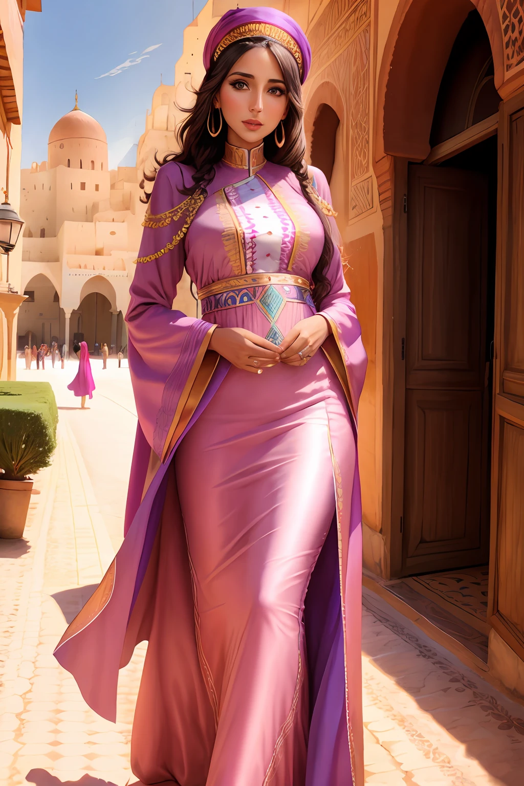 Woman caftan maroccan outfit moroccan city background wide angle hyper realistic super detailed