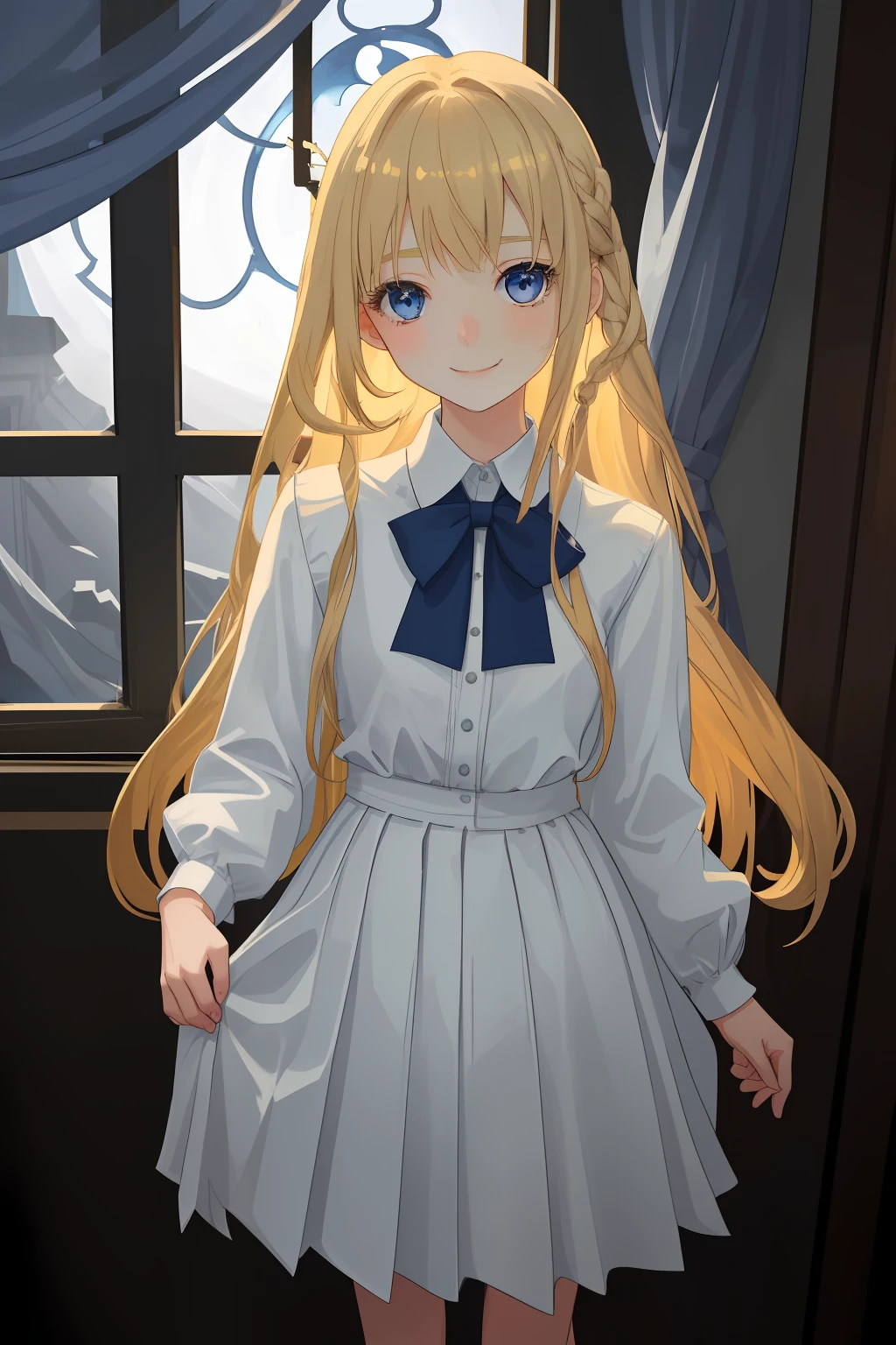 A girl of short stature. The girl has long blonde hair and blue eyes. beatiful face, cuteface. Cheerful face, ssmile. Detail Eyes. The girl is dressed in a white office shirt, a long pleated skirt and a light cardigan. The girl stands in a dark wooden office with dim lighting from the moon, which shines through the window. moonlight lighting. Detailed background, detailed clothes.